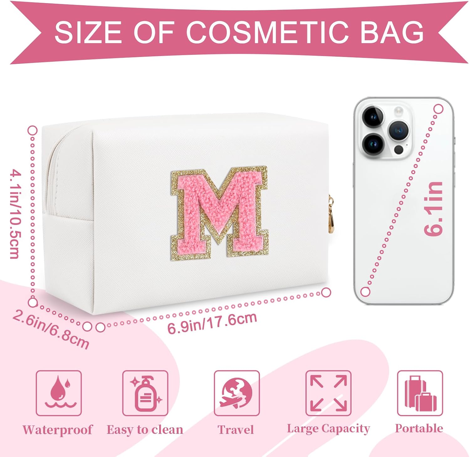 Bolsa de maquillaje personalizada con inicial A-Z, pequeña bolsa de cosméticos de viaje de piel sintética con cremallera, bonita bolsa de aseo