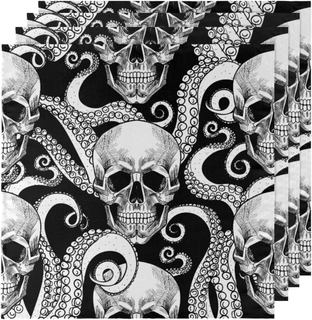 Cloth Napkins Set of 6 Octopus Skull 20×20 Inch Cloth Napkins Octopus Tentacle Washable Reusable Kitchen Dinner Napkins Table Decor for Wedding,