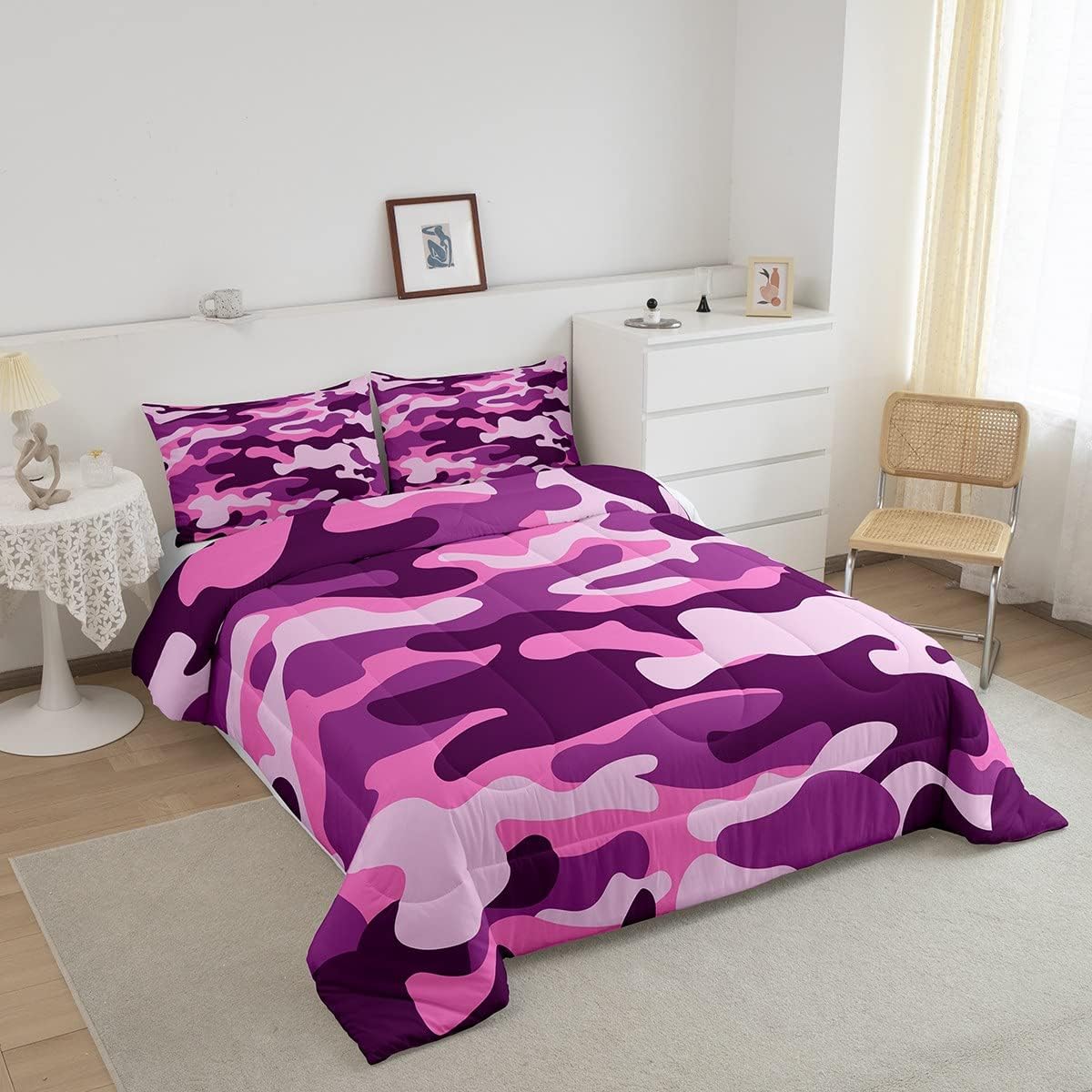 Erosebridal Juego de ropa de cama individual de camuflaje rosa y morado para niños, niñas y adolescentes, juego de edredón de camuflaje militar,