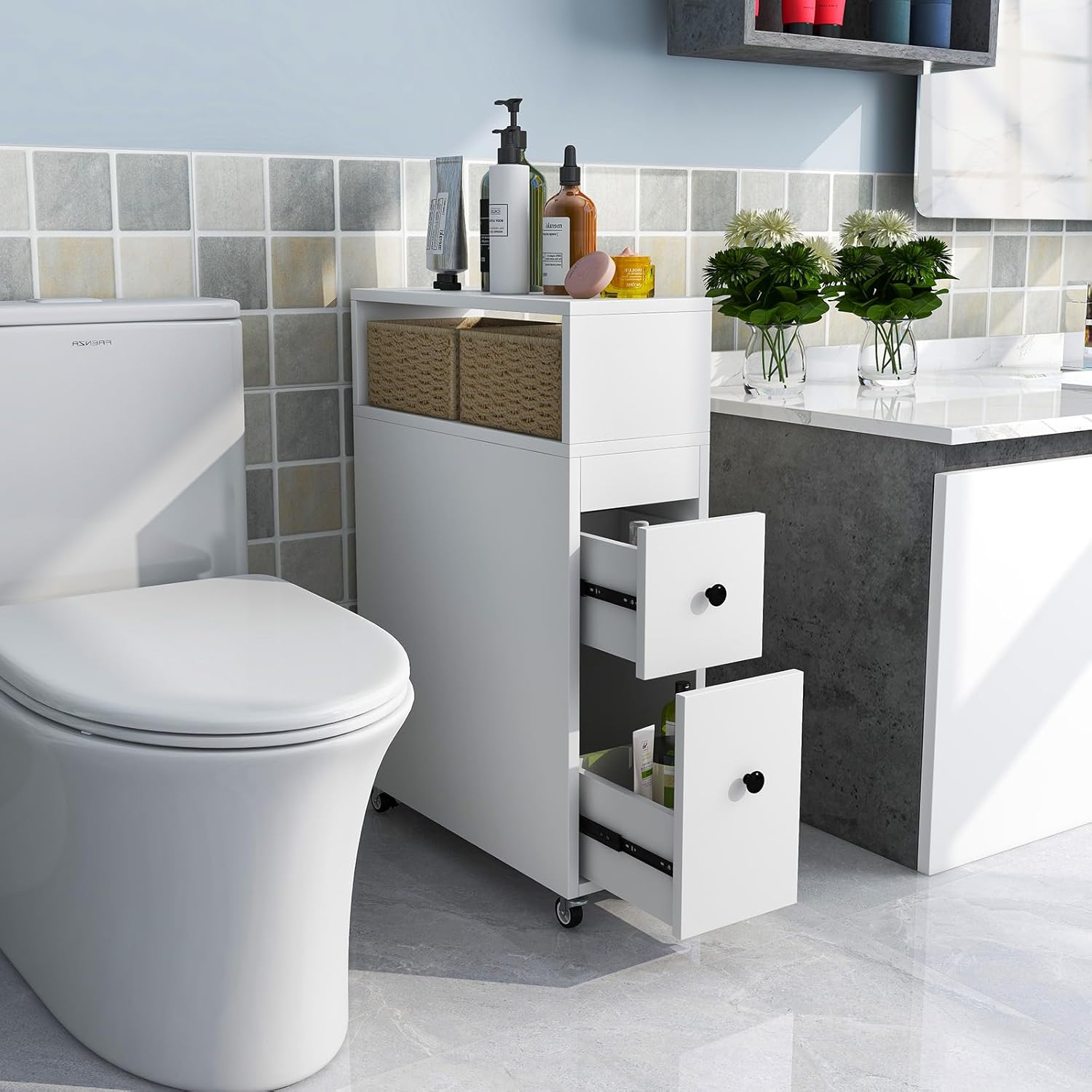 Tangkula, organizador, armario de madera, para baño, almacenamiento de toallas, artículos de baño, blanquería