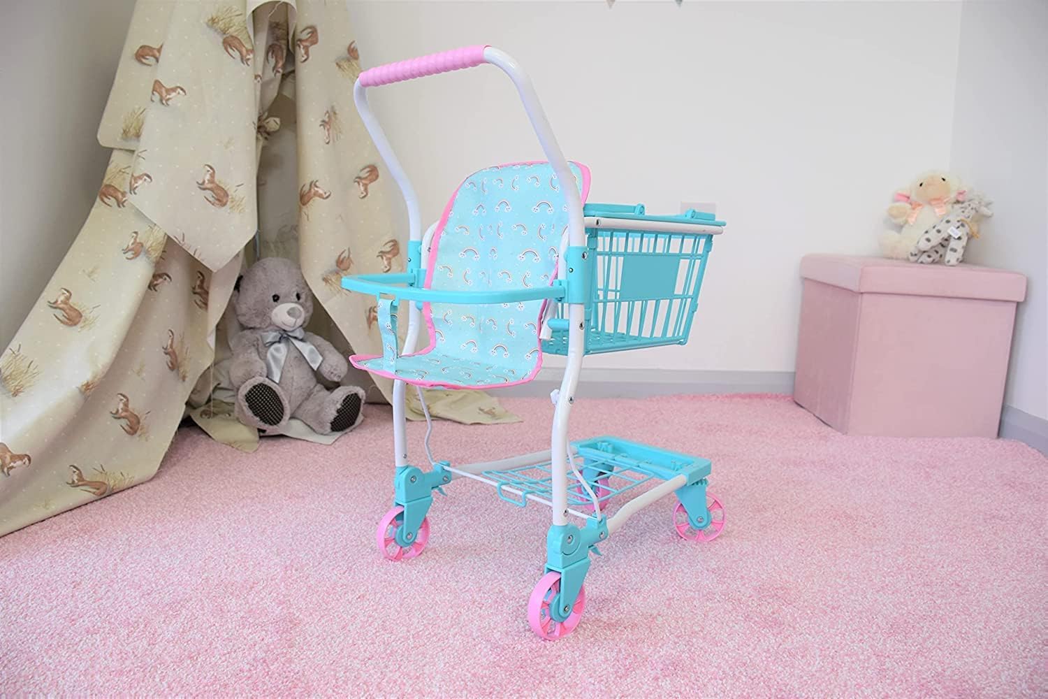 KOOKAMUNGA KIDS Carrito de compras de juguete con cesta de mano extraíble  Carrito de comestibles realista 2 en 1 para niños con soporte de asiento