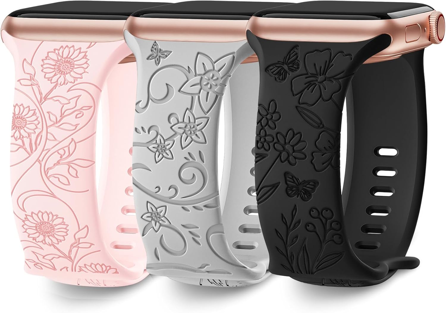 Paquete de 3 correas con grabado floral compatibles con Apple Watch de 1.575 pulgadas, 1.614 pulgadas, 1.496 pulgadas, 1.654 pulgadas, 1.732