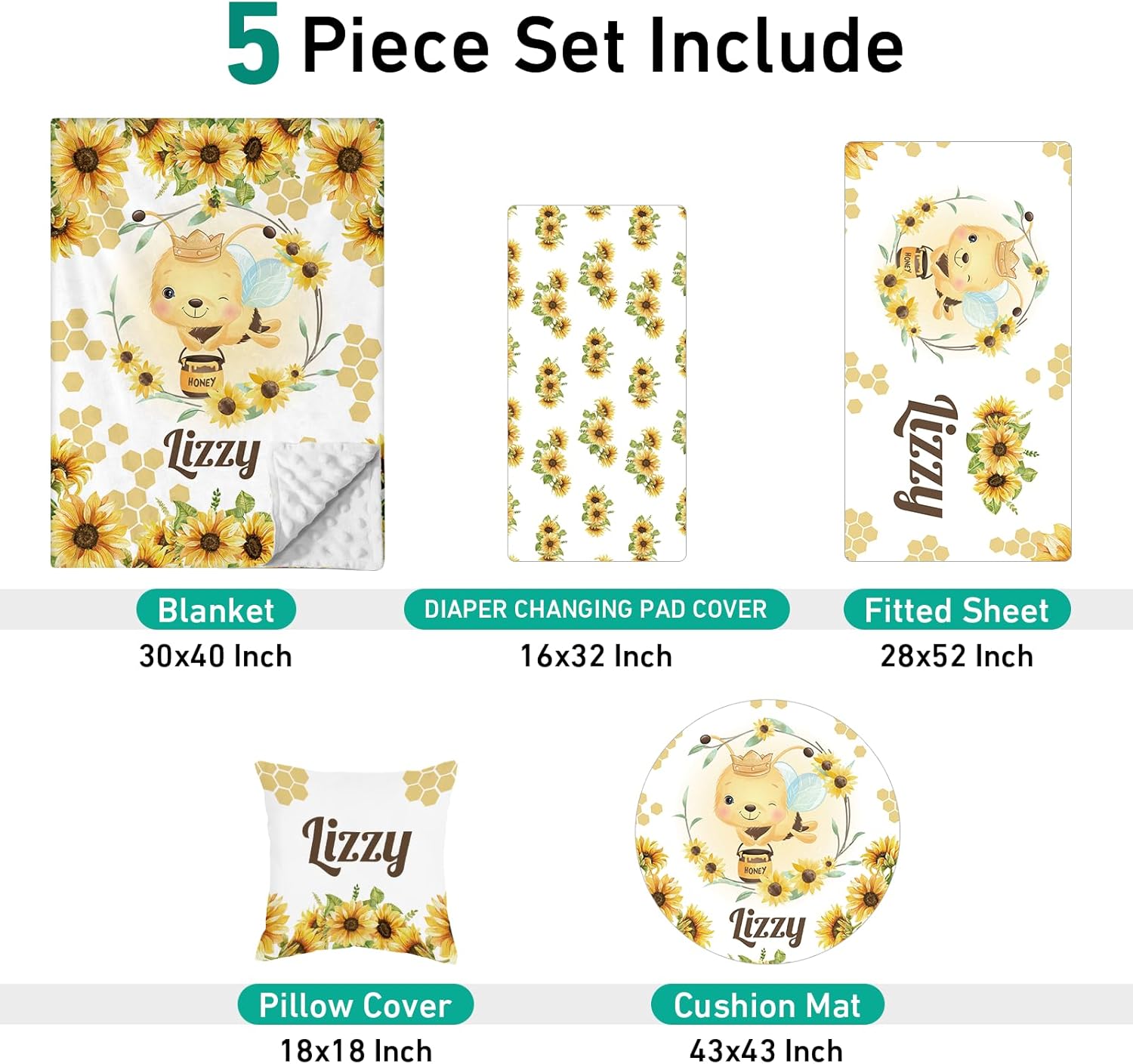 Juego de ropa de cama personalizado para cuna 5 piezas de regalo personalizado con patrón de abeja con nombre, juego de ropa de cama de guardería