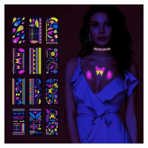 12 tatuajes temporales que brillan en la oscuridad de tamaño grande  Adhesivos fluorescentes fluorescentes de neón para adultos con purpurina 12 tatuajes temporales que brillan en la oscuridad de tamaño grande  Adhesivos fluorescentes fluorescentes de neón para adultos con purpurina