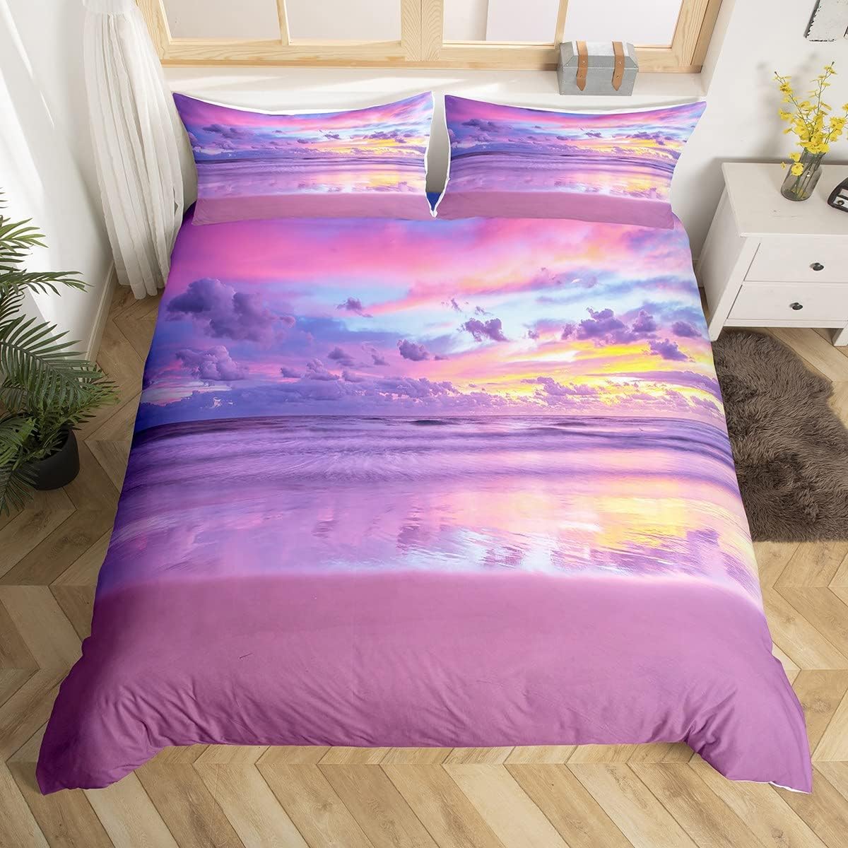 Erosebridal Hawaii Beach – Juego de ropa de cama con diseño de océano para niños y niños, funda de edredón morada con puesta de sol marina, funda de