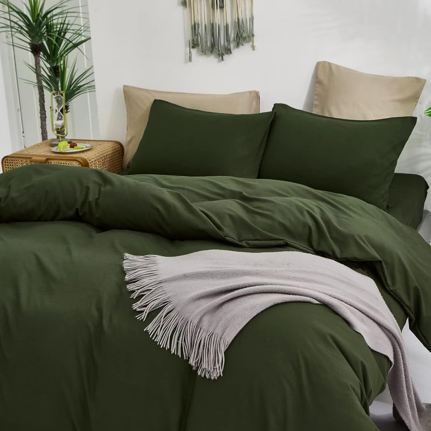 Houseri Juego de edredón, color verde militar (tamaño matrimonial), ropa de cama de 3 piezas con 1 edredón y 2 fundas de almohada, estilo moderno de