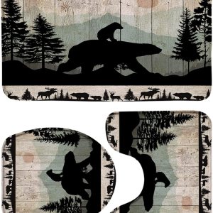 Juego de 3 alfombras de baño rústicas de oso con alce, cabaña, ciervo, tablones vintage, bosque, vida silvestre, granja, tapa de inodoro, cubierta Juego de 3 alfombras de baño rústicas de oso con alce, cabaña, ciervo, tablones vintage, bosque, vida silvestre, granja, tapa de inodoro, cubierta