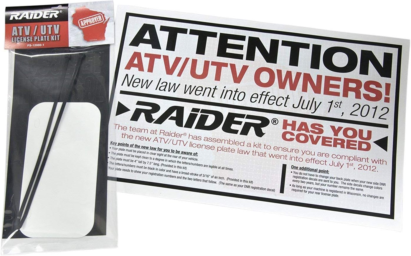 Raider FS-12000-1 ATVUTV Wisconsin Kit de matrícula con números y letras incluidos (7.5 x 4 pulgadas)