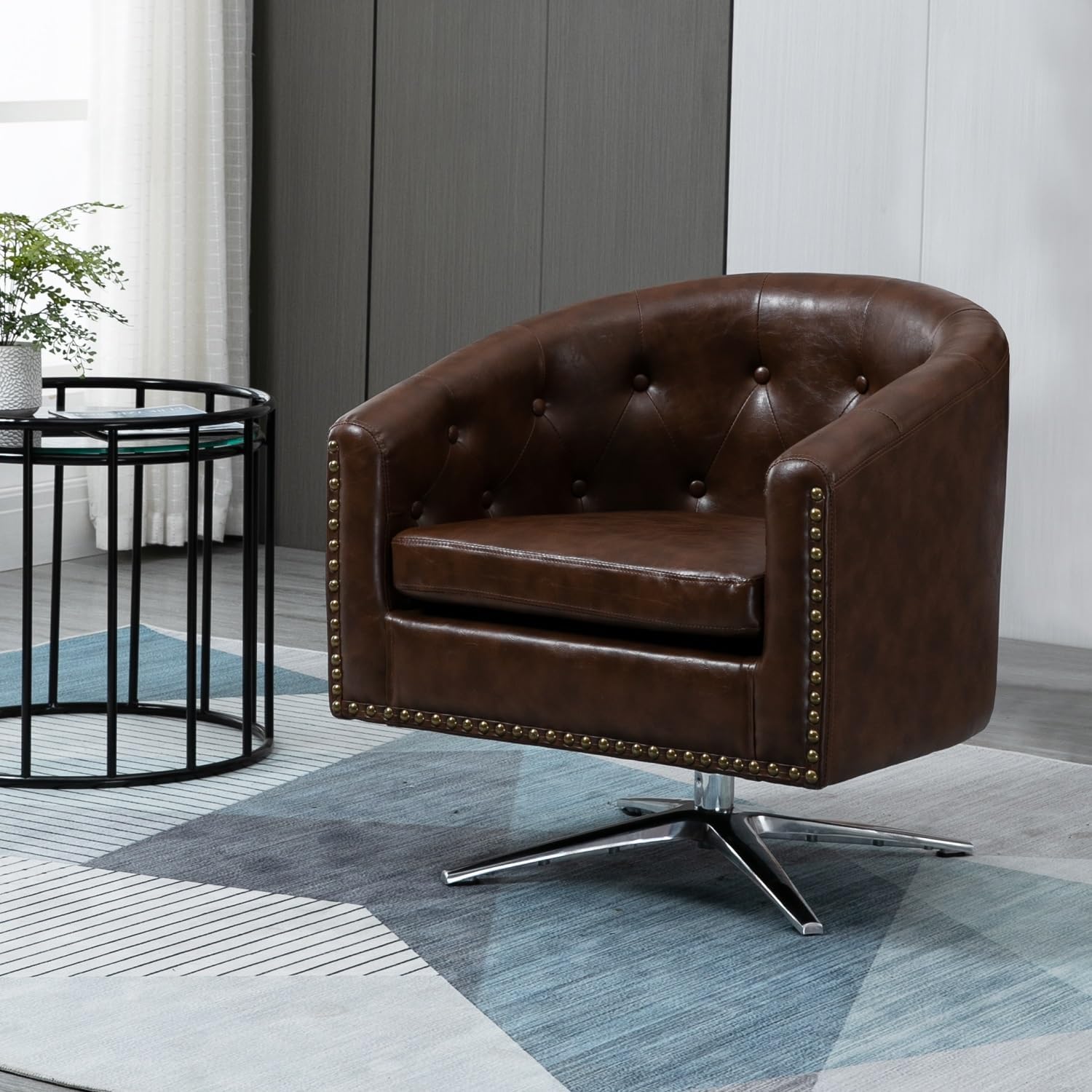 AVAWING Silla decorativa, silla de barril de piel sintética, sillón decorativo con acolchado suave y base de metal, silla moderna de mediados de