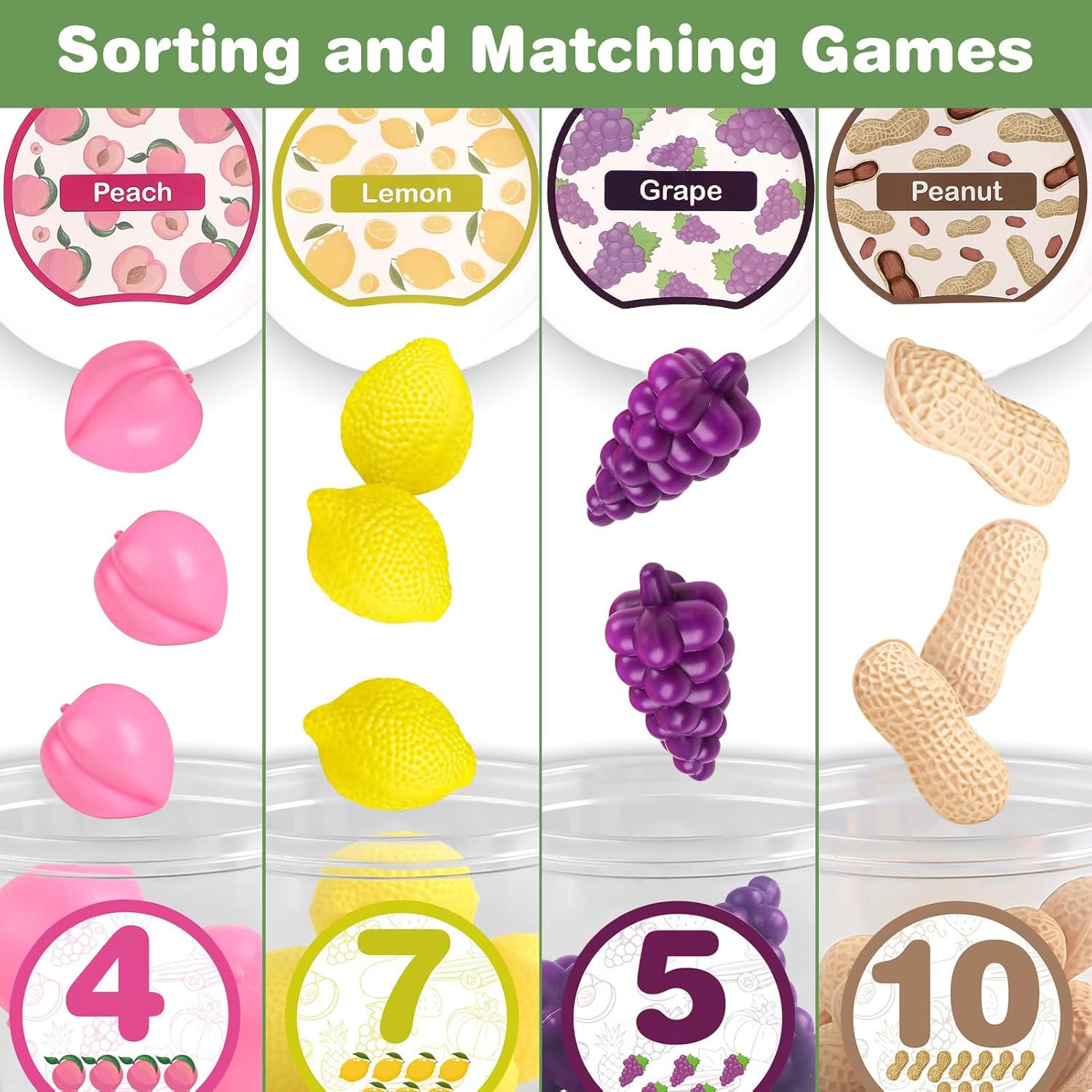 Joyreal Juguetes de clasificación de color, tinas clasificadoras de alimentos con frutas y verduras, 65 piezas de uno a diez juguetes de aprendizaje