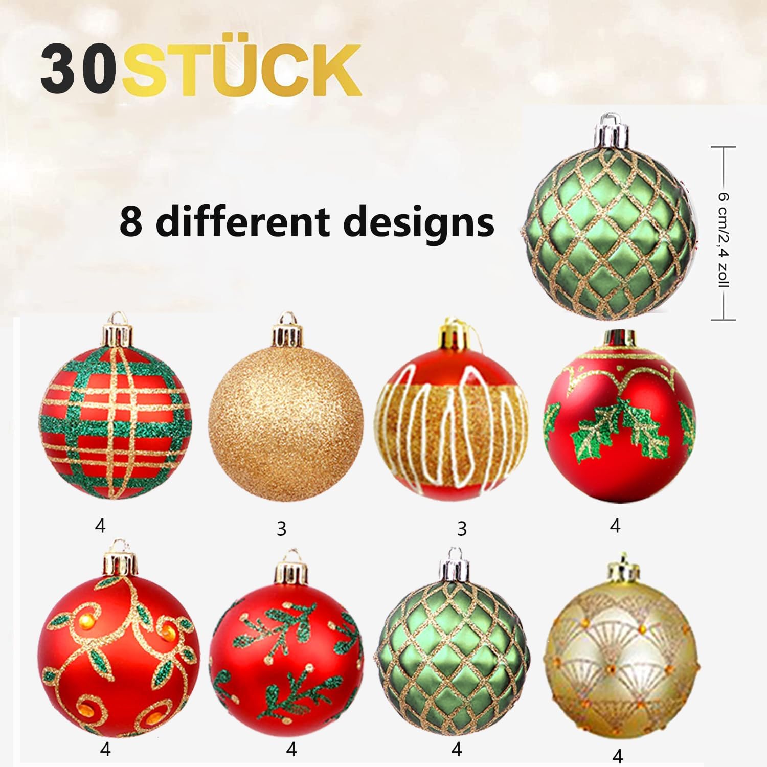 Juego de 30 bolas de Navidad para decoración de árbol de Navidad, 2.4 in, inastillables, adornos para árbol de Navidad, corona de Navidad y