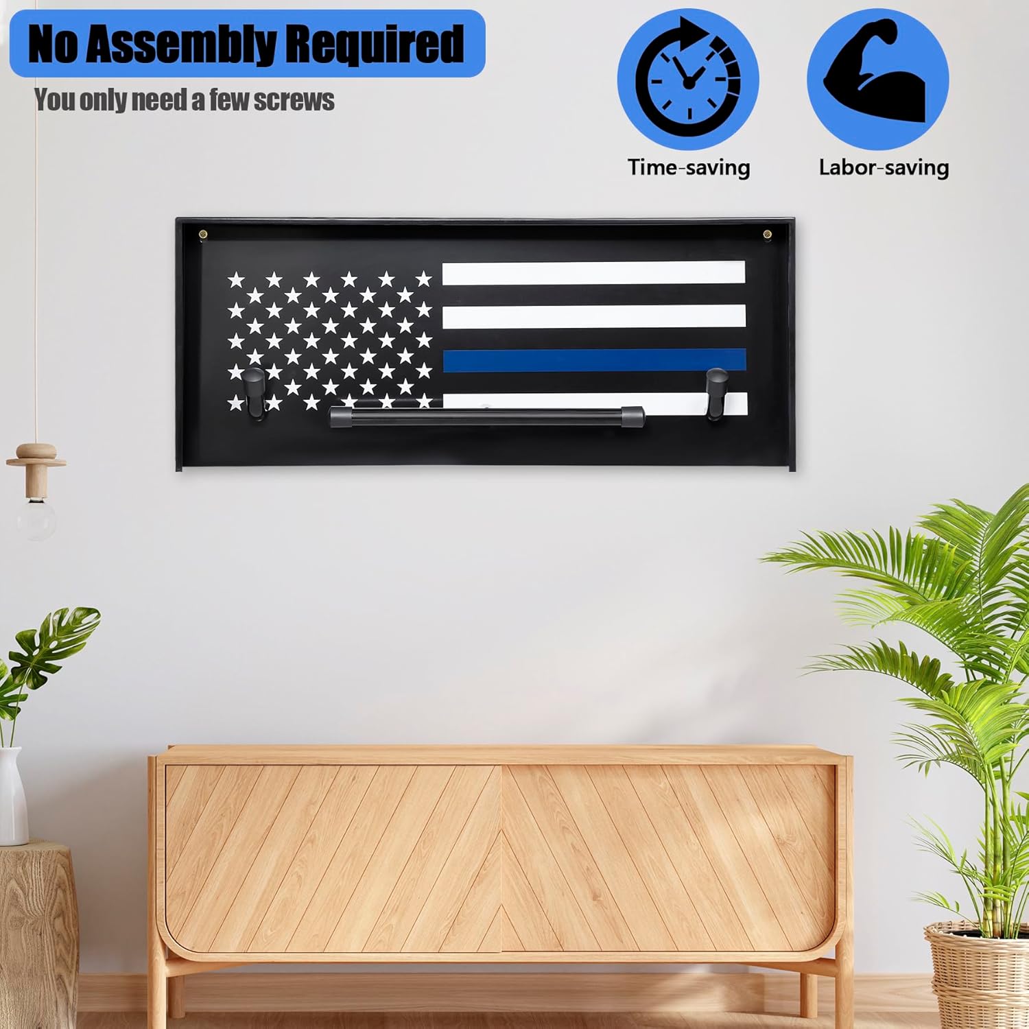 BUYYAH Police Gear Stand, Police Hanger, Tactical Duty Gear Rack with 3 Hooks, Free-Standing All Iron Frame Police Gift Decor with Flag, Black, Come