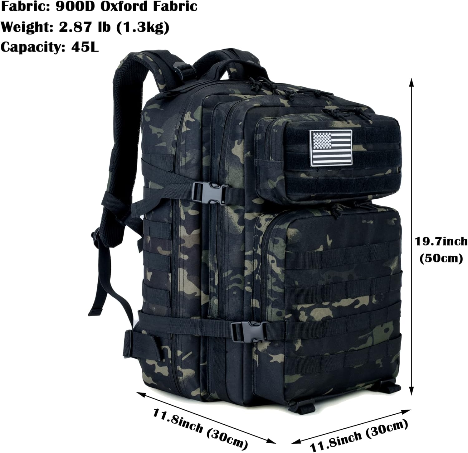 Long Keeper Mochila táctica militar – Hombres 45L 3 Días Gran Ejército Molle Sistema Camping Senderismo Bolsas Mochila, Negro Cp Camo, Táctica