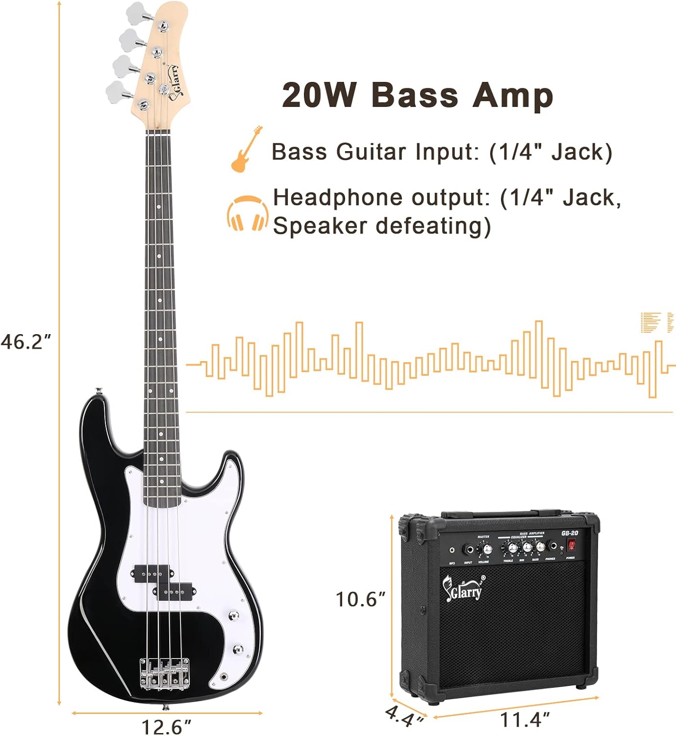 GLARRY Kit para principiantes de bajo eléctrico de tamaño completo de 4 cuerdas con AMP, cable, correa, bolsa y accesorios (negro)