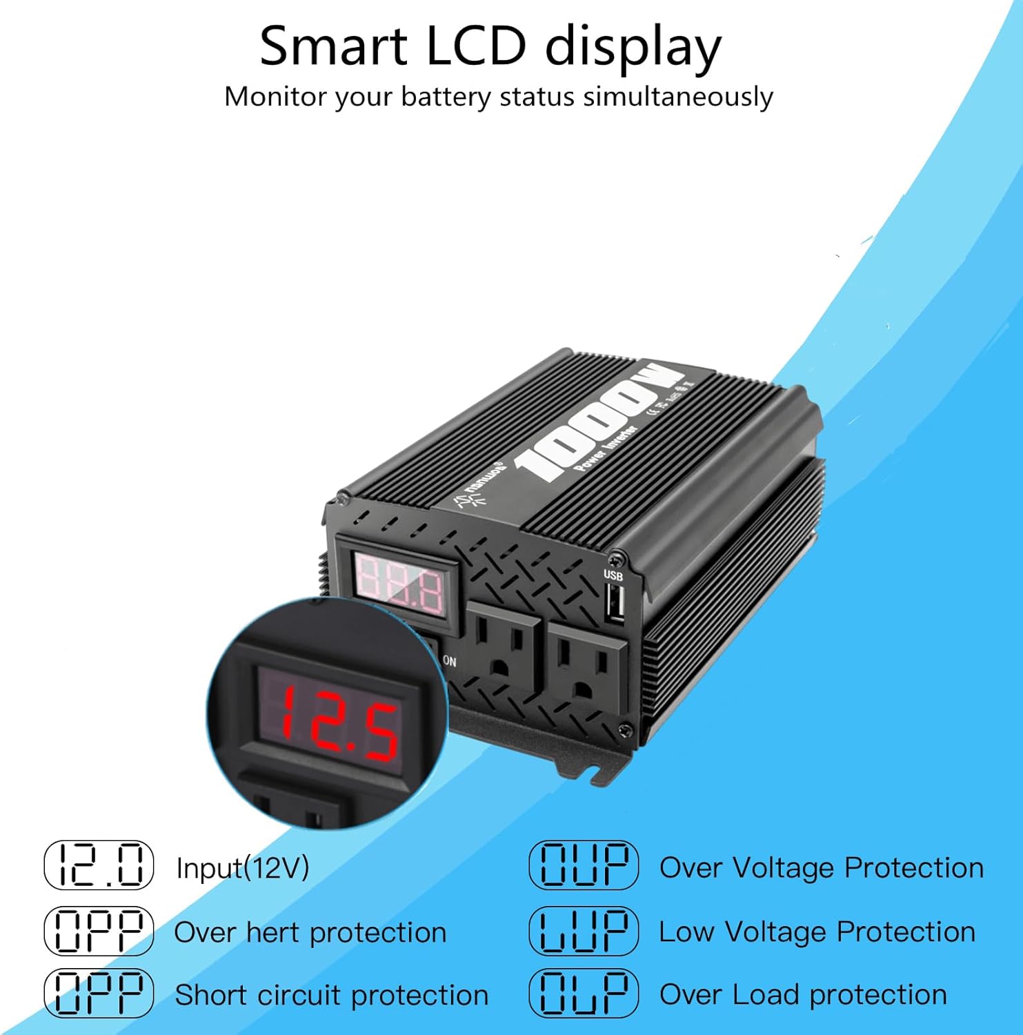 Inversor de 1000 vatios 1000 W, inversor de 12 V a 110 V120 V, inversor de corriente para camiones, vehículos semi camiones, convertidor de 12 V a