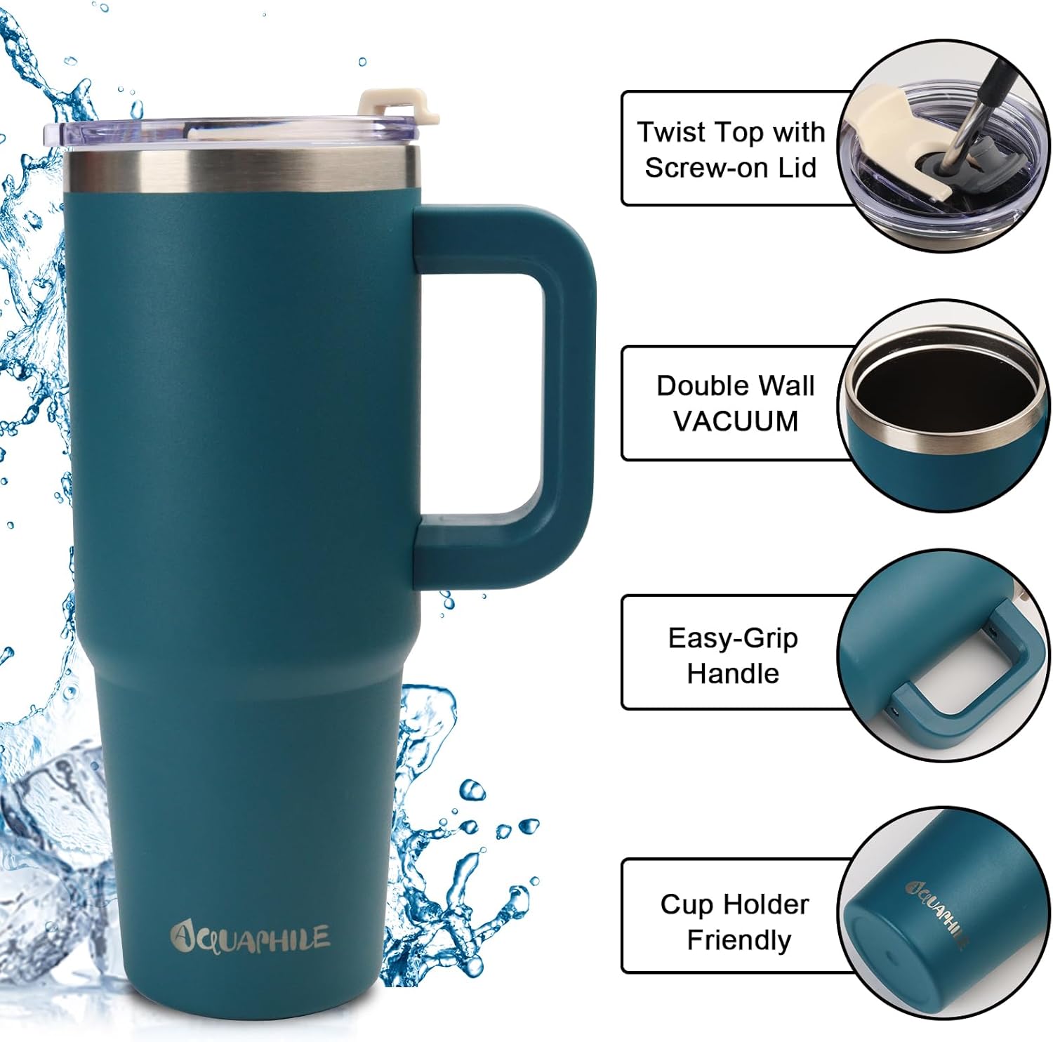 AQUAPHILE Vaso aislado de 30 onzas con asa, taza de viaje de acero inoxidable con tapa y pajita, vaso de café portátil a prueba de fugas de doble