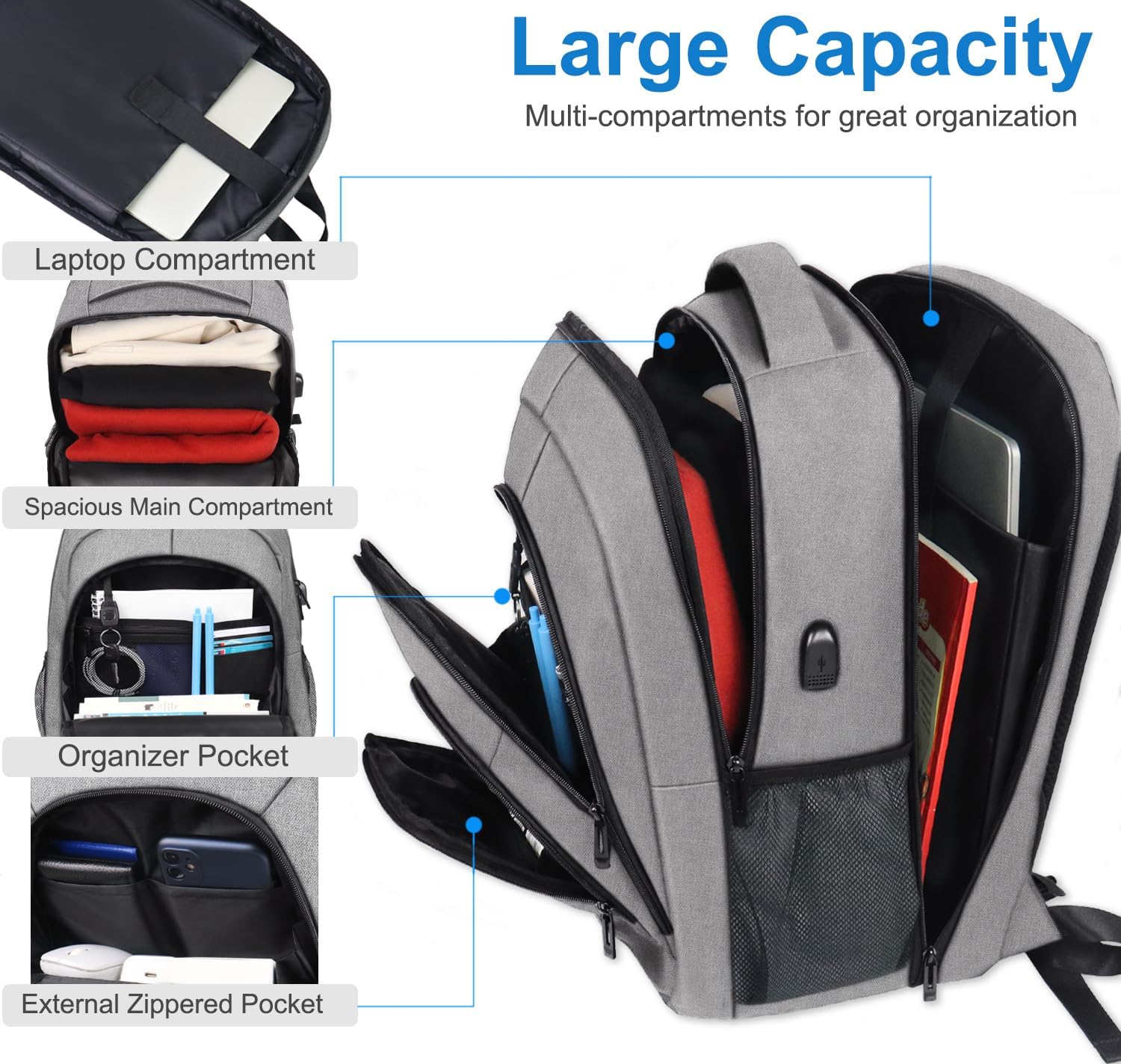 Mochila grande para portátil de viaje, mochila para portátil de 17 pulgadas amigable con la TSA, Gris, Moderno