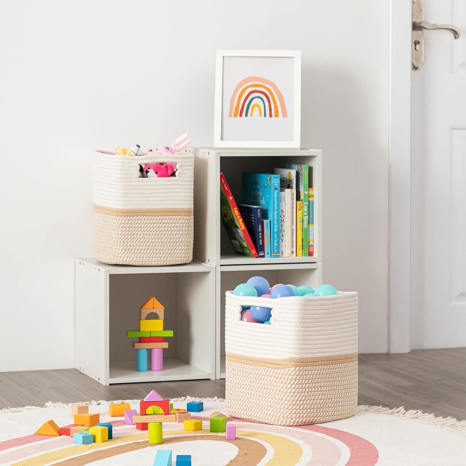 UBBCARE Juego de 3 cestas de cuerda de algodón de 13 x 13 x 13 pulgadas, cestas de almacenamiento para estantes, cestas tejidas para organizar con
