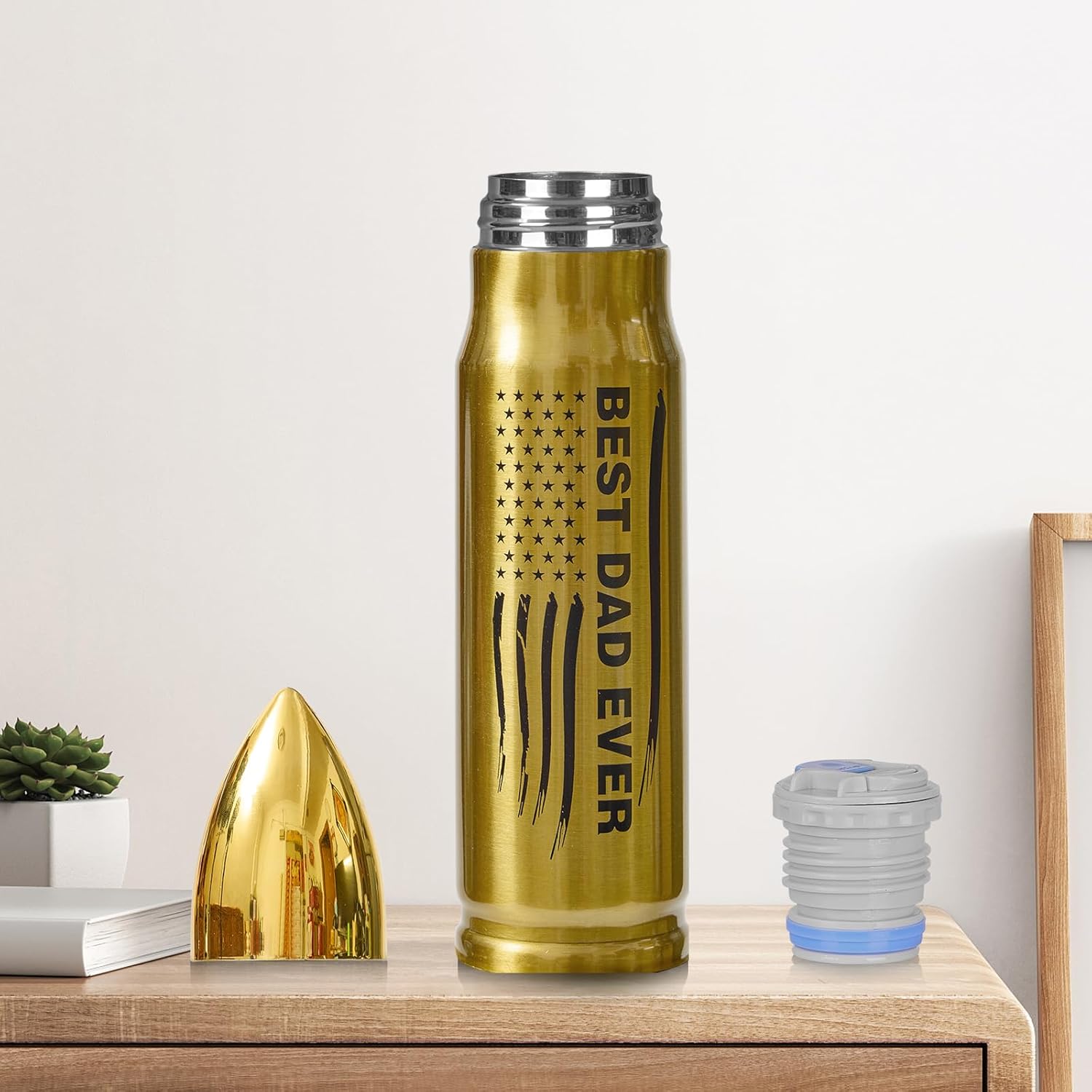 Best Dad Ever Afranti 304 – Botella de agua con forma de bala de acero inoxidable 304, 17 onzas, 16.9 fl oz, doble pared aislada al vacío, taza de