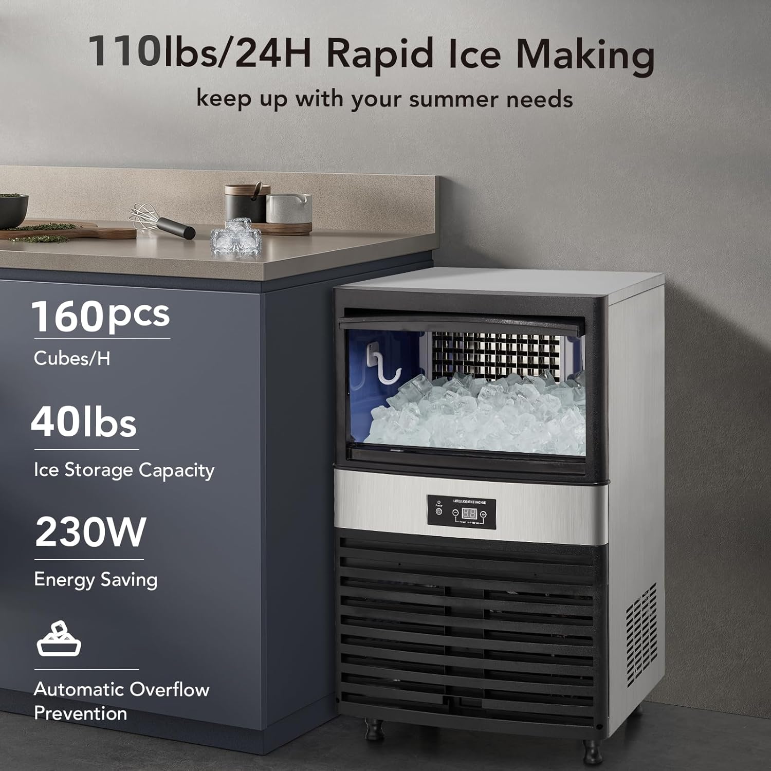 Máquina de hielo comercial de 110 libras24 horas, máquina de hielo debajo del mostrador con cubo de hielo de 30 libras, 40 cubitos de hielociclo,