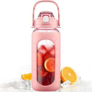 BLUEGO Botella de agua de vidrio de 64 onzas, botella de agua motivacional con marcador de tiempo y pajilla, botella de agua de boca ancha de medio BLUEGO Botella de agua de vidrio de 64 onzas, botella de agua motivacional con marcador de tiempo y pajilla, botella de agua de boca ancha de medio