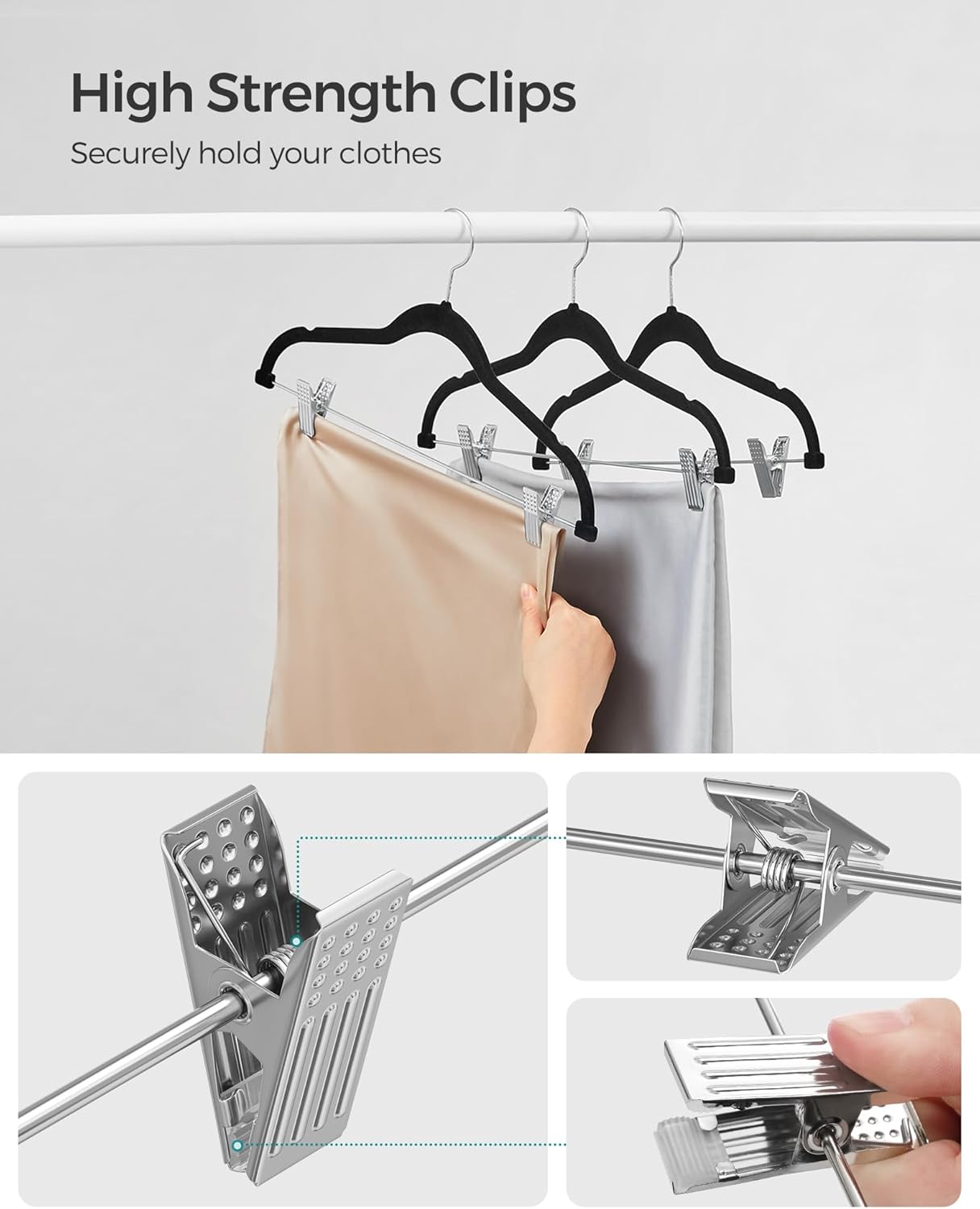 SONGMICS Paquete de 20 perchas para pantalones, perchas de terciopelo de 16.7 pulgadas de largo con clips ajustables, resistentes, antideslizantes,