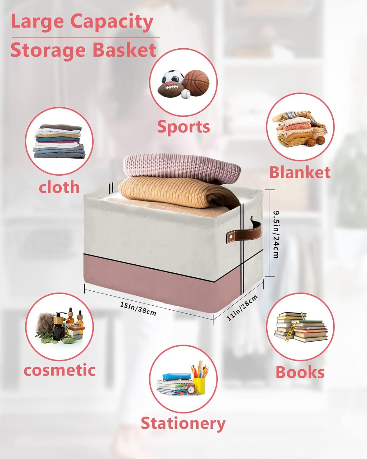 Cesta de almacenamiento geométrica rosa para organizar estantes, cajas de almacenamiento plegables con asa, bloque de color beige moderno, líneas
