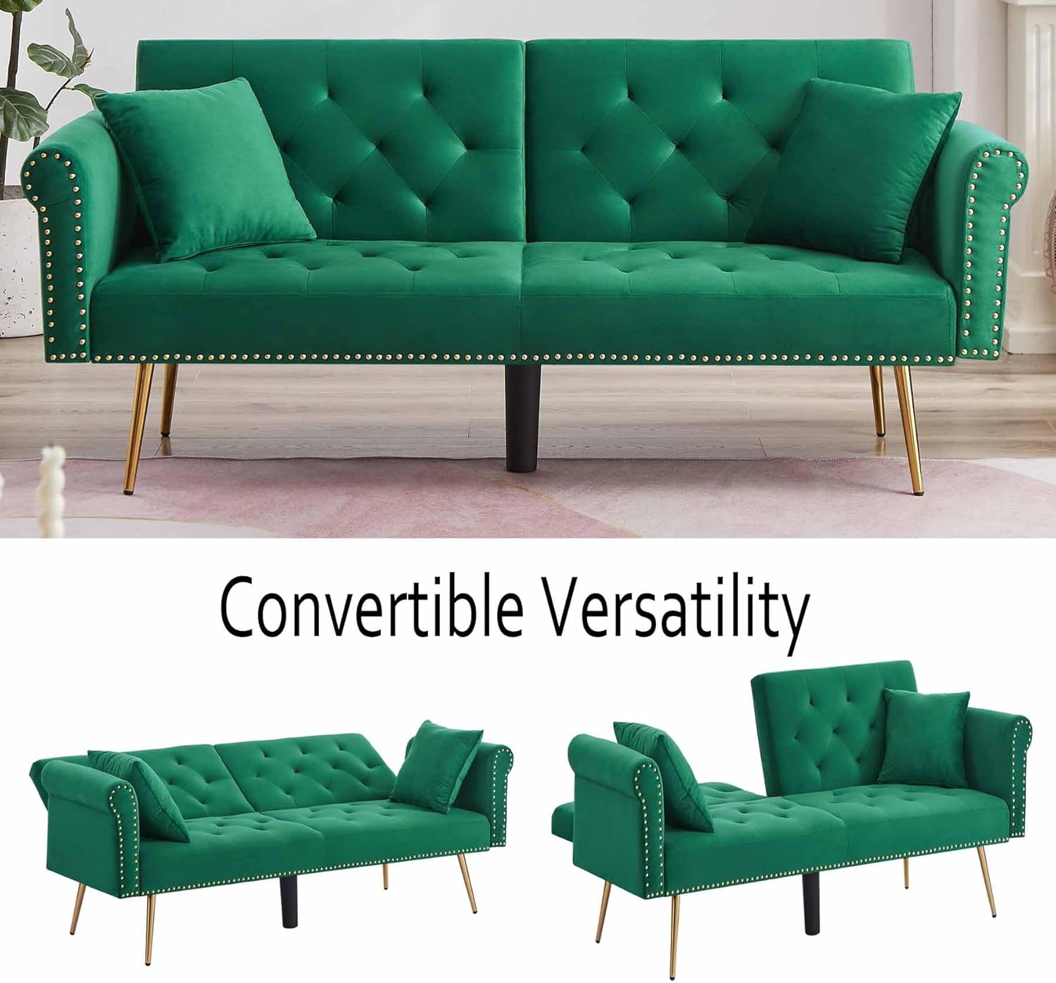 Sofá cama moderno de terciopelo 2 en 1 de 70 pulgadas, sofá cama convertible con piernasalmohadas, sofá biplaza tapizado plegable, asiento de espuma