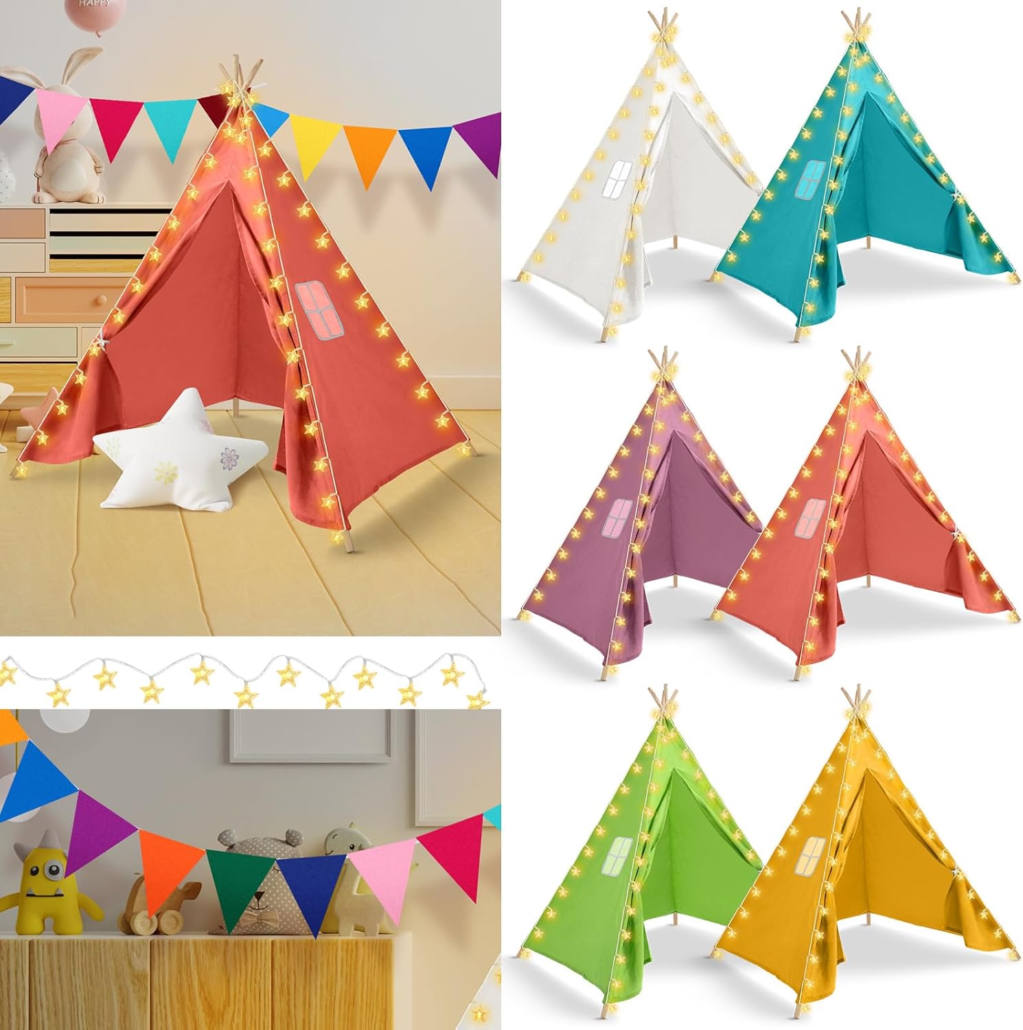 Juego de 6 tiendas de campaña para niños, tienda de campaña para niños con cadena de luces, pancarta, plegable, lavable, tienda de campaña para