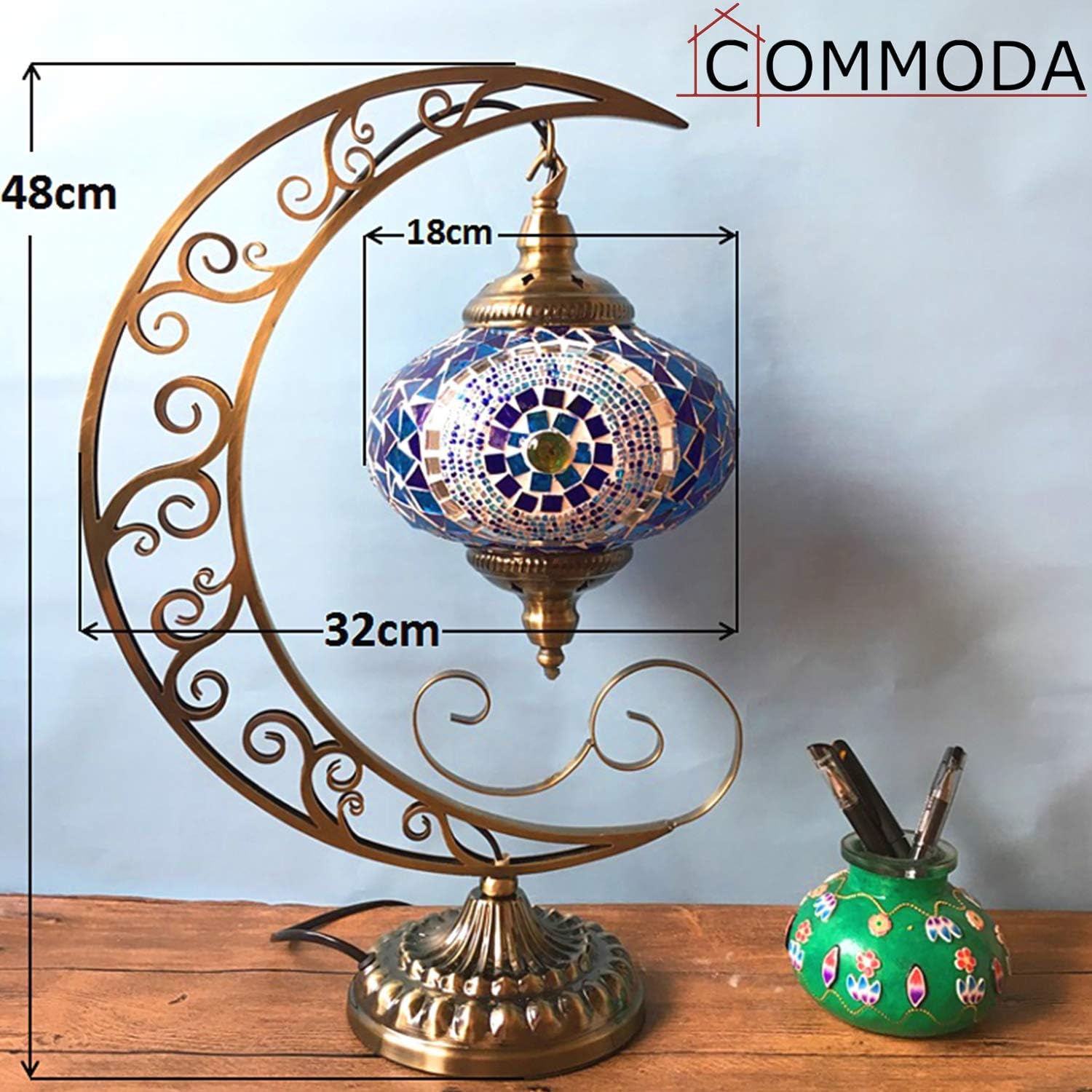 Impresionante lámpara de noche de mosaico turco marroquí hecho a mano con forma de luna, lámpara de mesa única para decoración de habitación (azul)