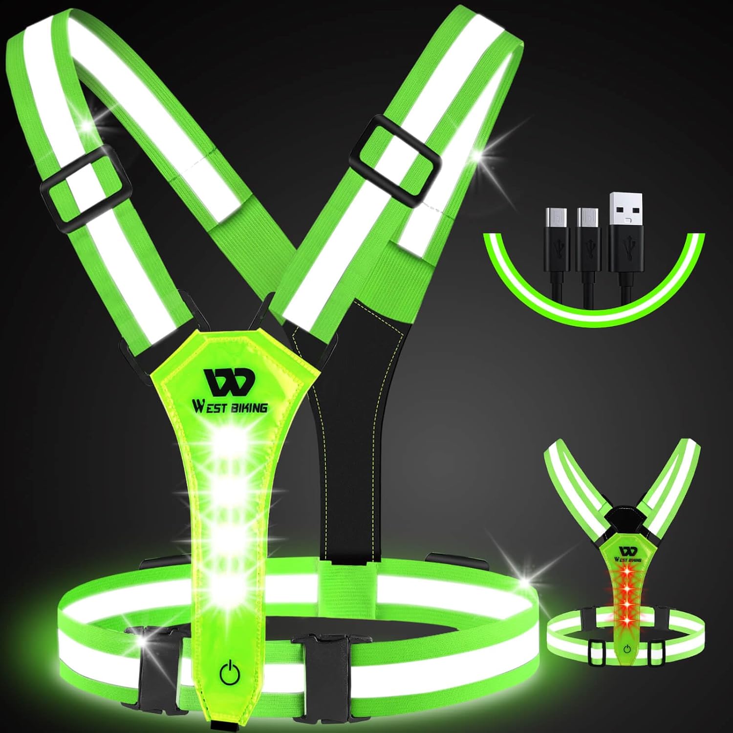 West Biking Running Vest Light – Led Running Reflective Gear for Walking at Night, High Visibility Night Rechargeable Light Up Running Vest,