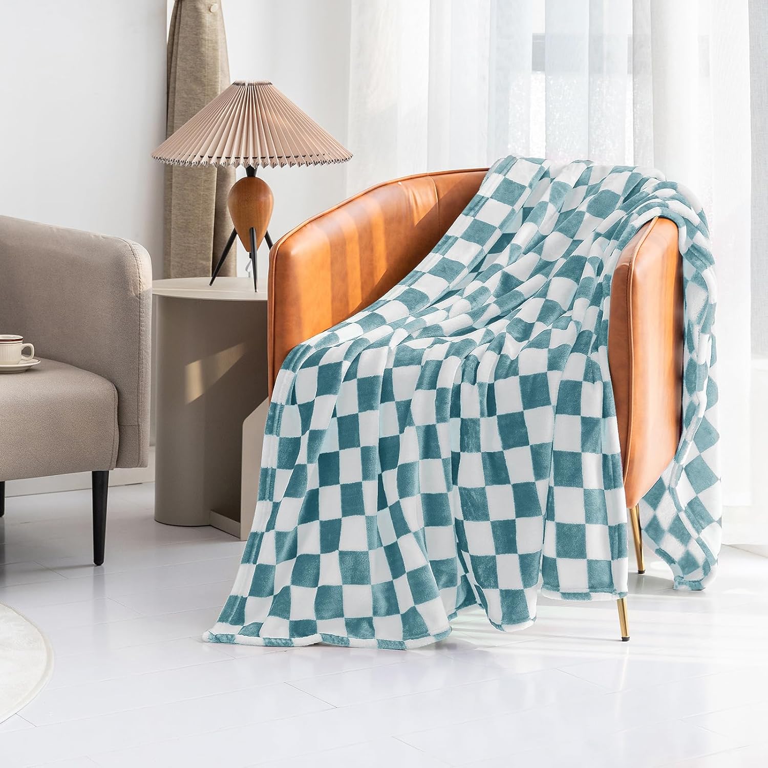 LOMAO Manta de franela con patrón de cuadrícula de ajedrez, suave, lujosa, cálida y acogedora para sofá y cama, para todas las estaciones (azul