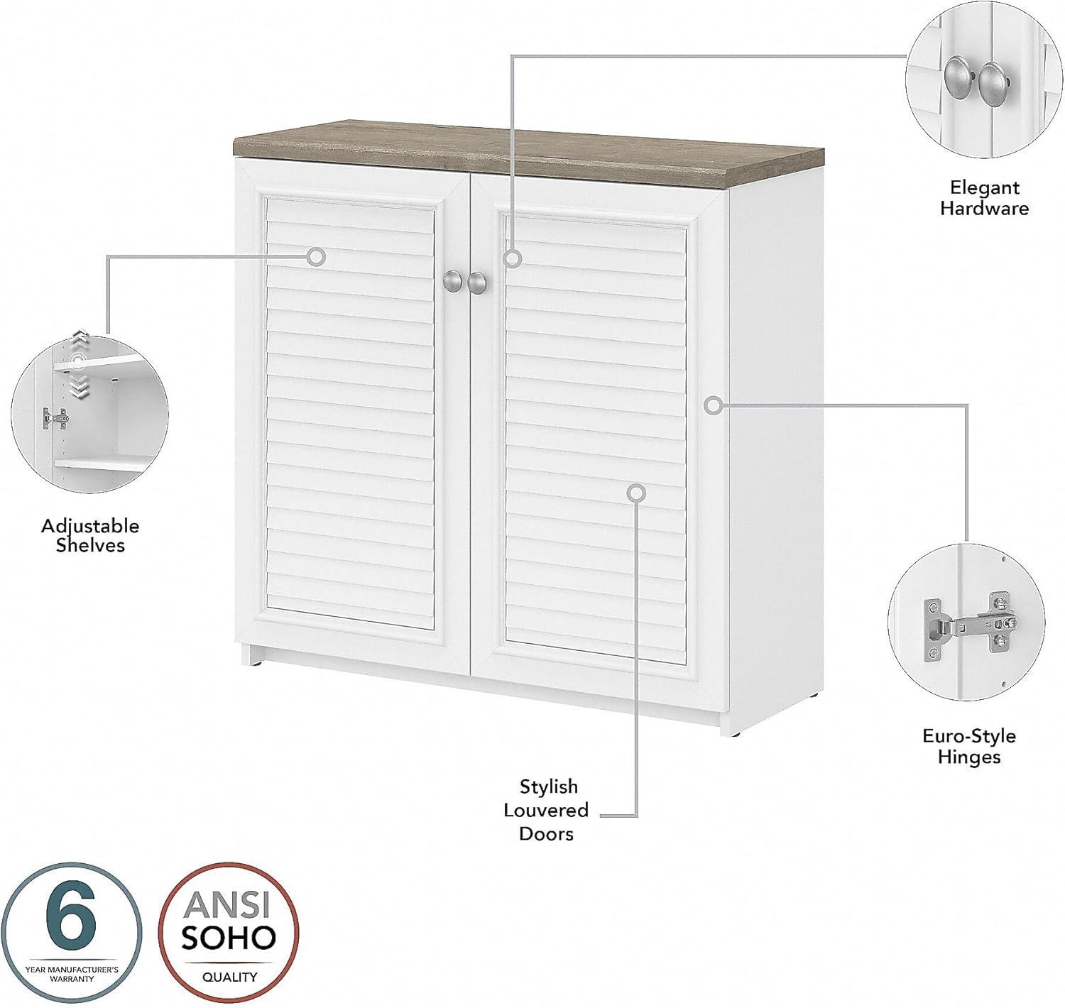 Bush Fairview – Armario de almacenamiento pequeño de 30.71 pulgadas con 3 estantes, gris Shiplap grisblanco puro (WC53696-03)