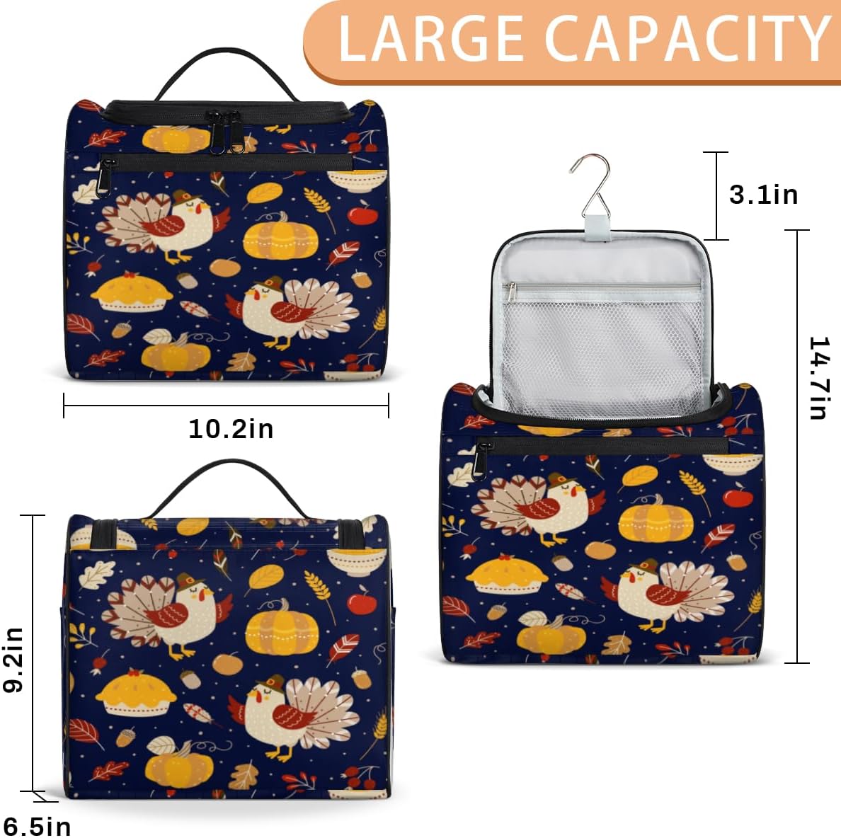 Thanksgiving Day Fun Style Toiletry Bag for Women Travel Makeup Organizer with Hanging Hook Traveling Cosmetic Bags for Toiletries Accessories