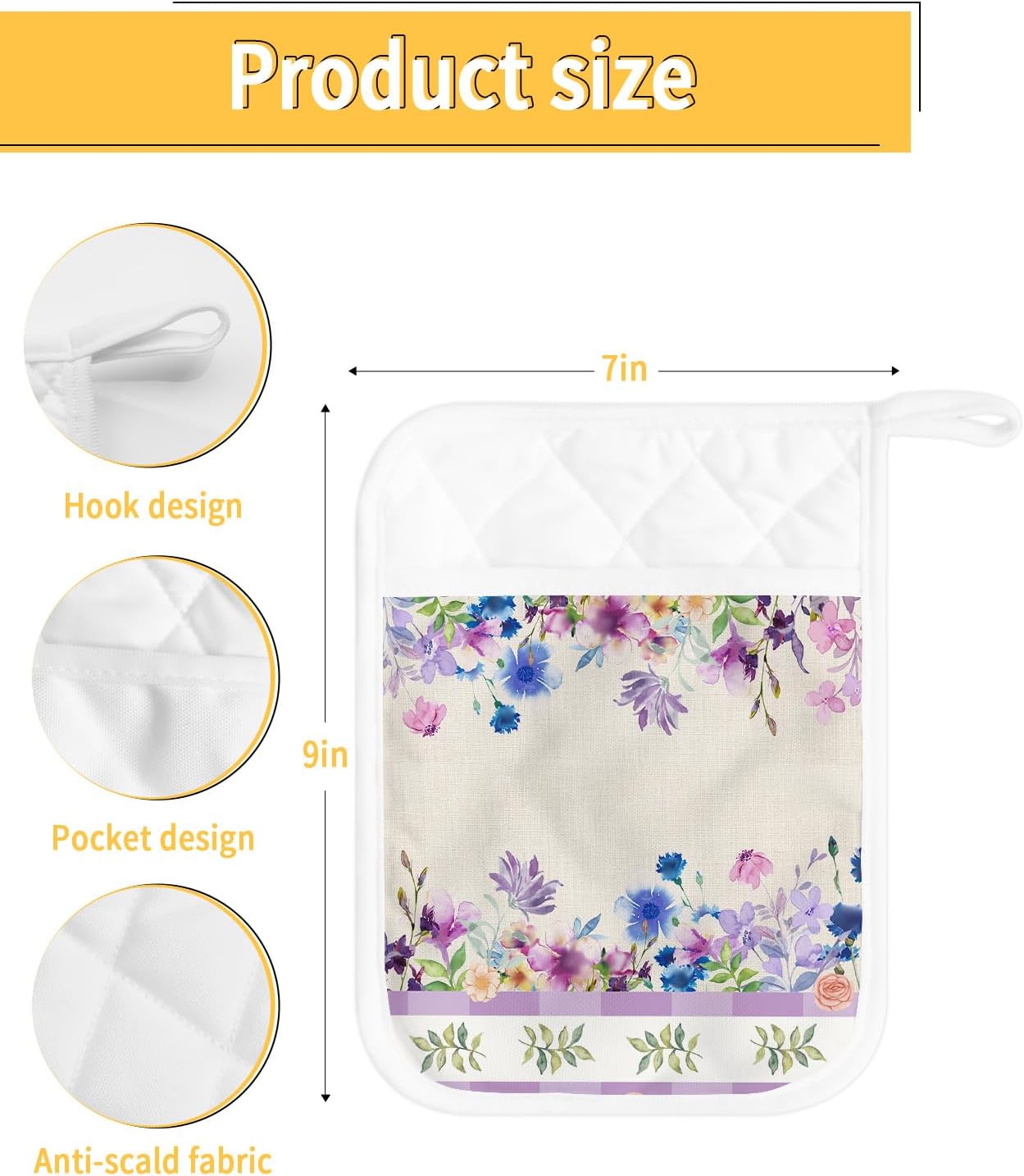 Watercolor Flower 5Pcs Pot Holders for Kitchen,Non Slip & Heat Insulation Terry Cloth Potholder Set with Pocket,Thick Hot Pad Oven Mitts Trivet