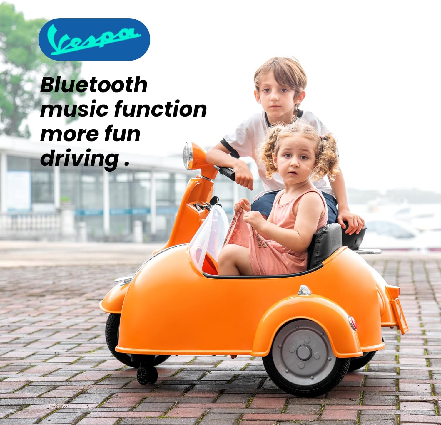 Motocicleta eléctrica Vespa con sidecar con licencia – Auto eléctrico de 12 V para niños y niñas – 2 plazas con compartimento de almacenamiento,