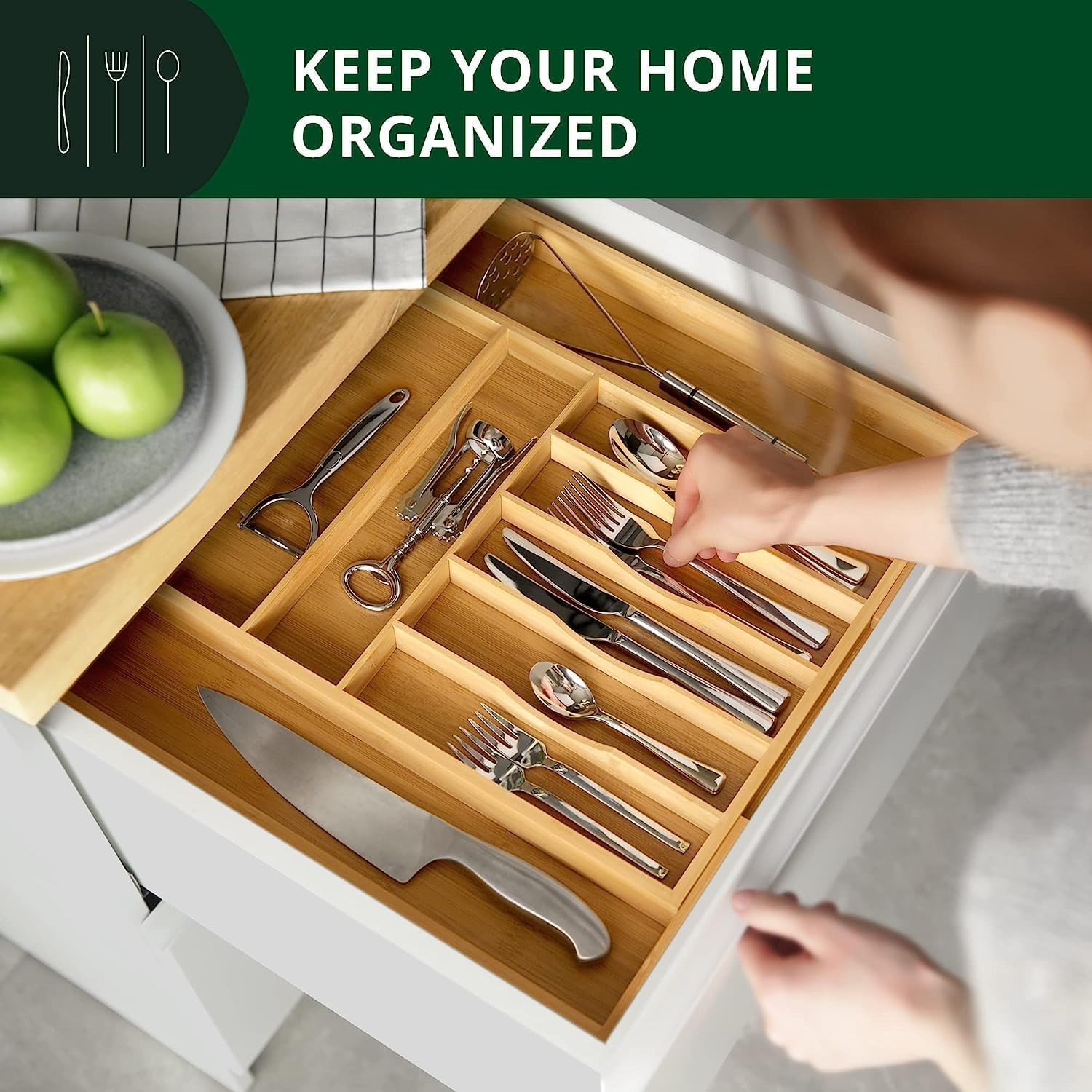 Organizador de cajones de cocina con base reforzada y divisores, organizador de cajones de cubiertos expandible, soporte de utensilios de bambú para