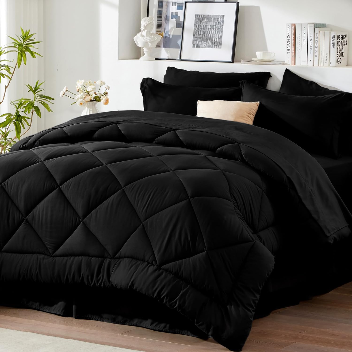 Newspin Juego de edredón de 6 piezas para cama individual en una bolsa, juego de cama negro para todas las estaciones, juegos de ropa de cama