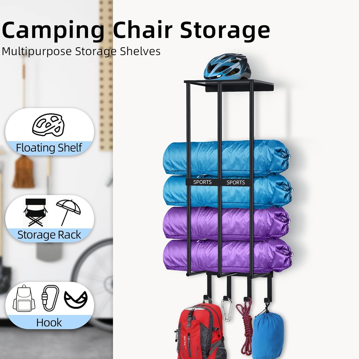 Almacenamiento de silla de camping, soporte de metal para silla de camping para garaje con 4 ganchos, silla de playa y estante de almacenamiento de