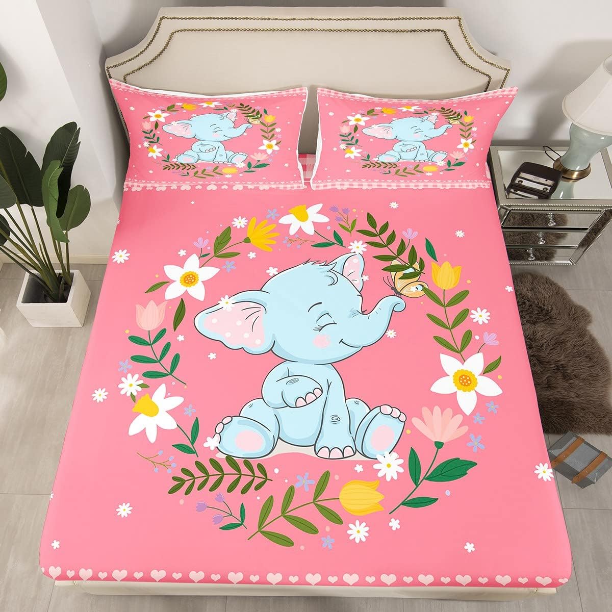 Erosebridal Juego de sábanas tamaño individual de elefante con diseño de animales del bosque para niñas y niños, juego de sábanas florales rosas y