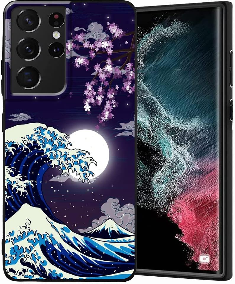 Funda compatible con Samsung Galaxy S21 Ultra, diseño de patrón estético japonés de flor de cerezo y luna, protección de cuerpo completo a prueba de