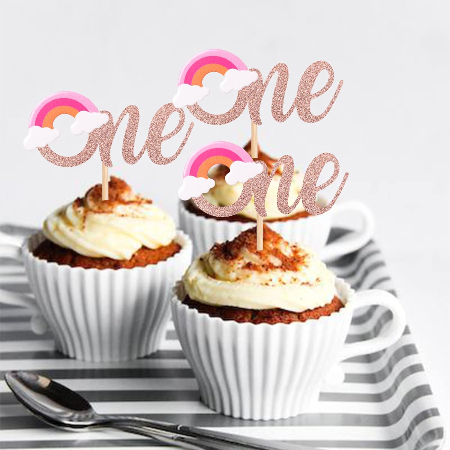 Paquete de 24 adornos para cupcakes de arcoíris con purpurina para el primer cumpleaños, decoración para baby shower, niñas, niños, fiesta de primer