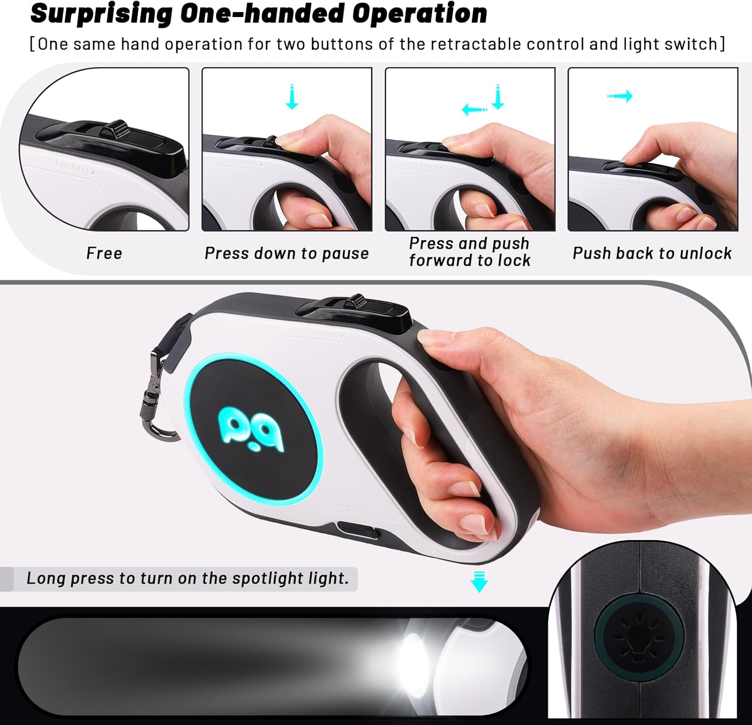QQPETS Correa retráctil para perro con luz LED recargable, cinta de nailon resistente de 16 pies para paseos nocturnos de hasta 88 libras de