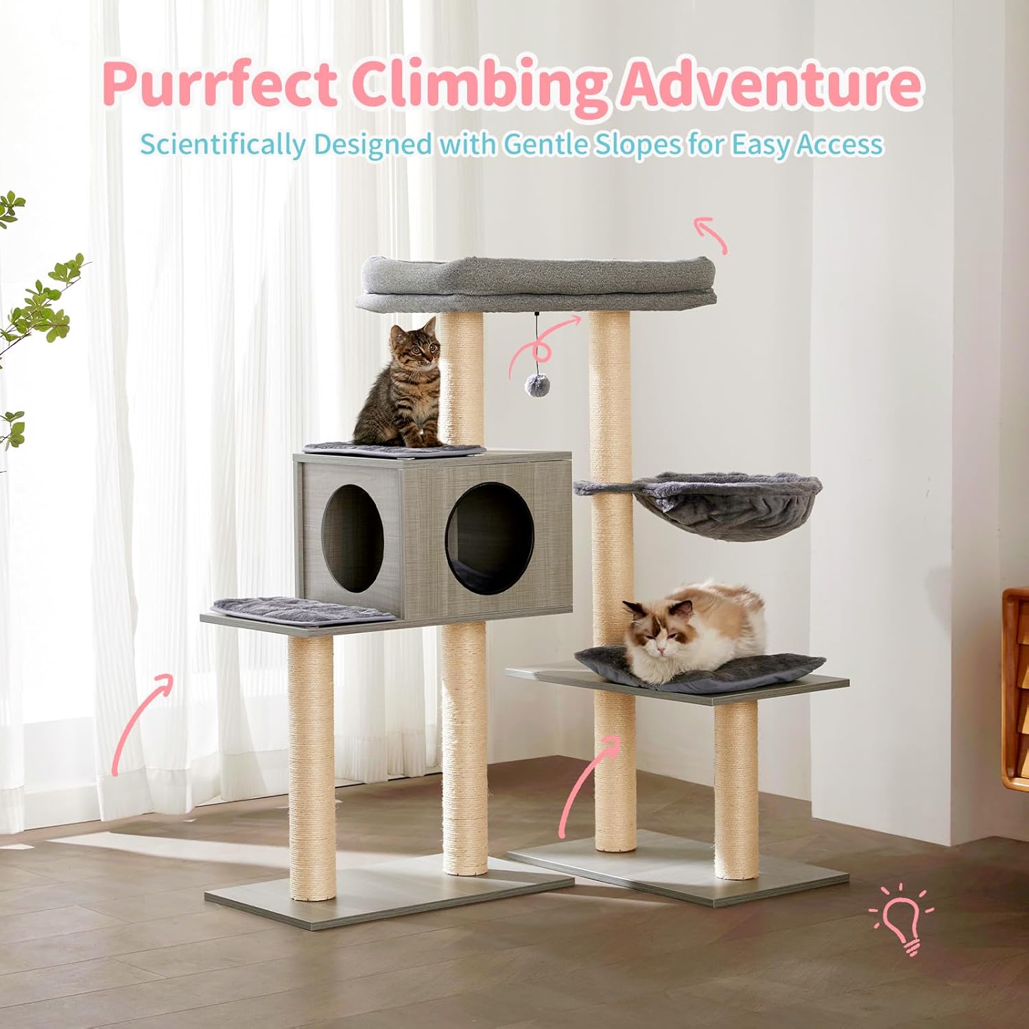 Made4Pets – Árboles para gatos grandes de interior, torre moderna para gatos con poste rascador de sisal, condominio de escalada de madera para