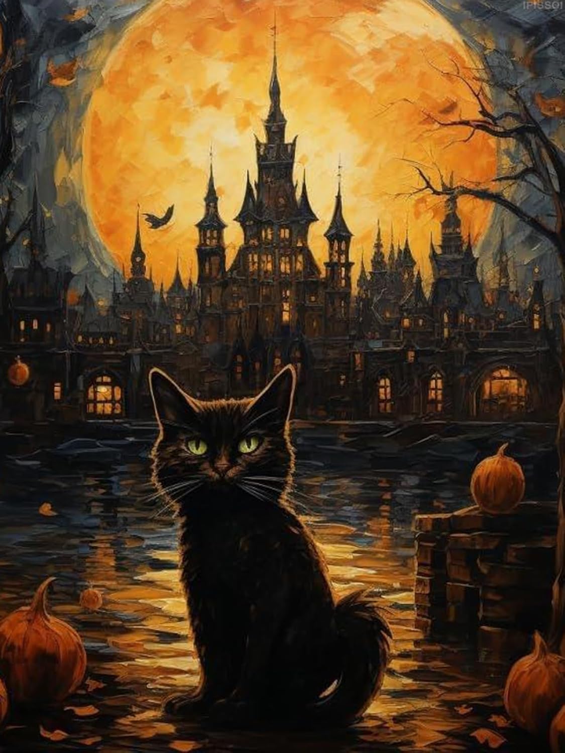 Kits de pintura de diamantes 5D por número para adultos, gatos negros en Halloween, arte de diamantes, pintura de diamantes, taladro redondo
