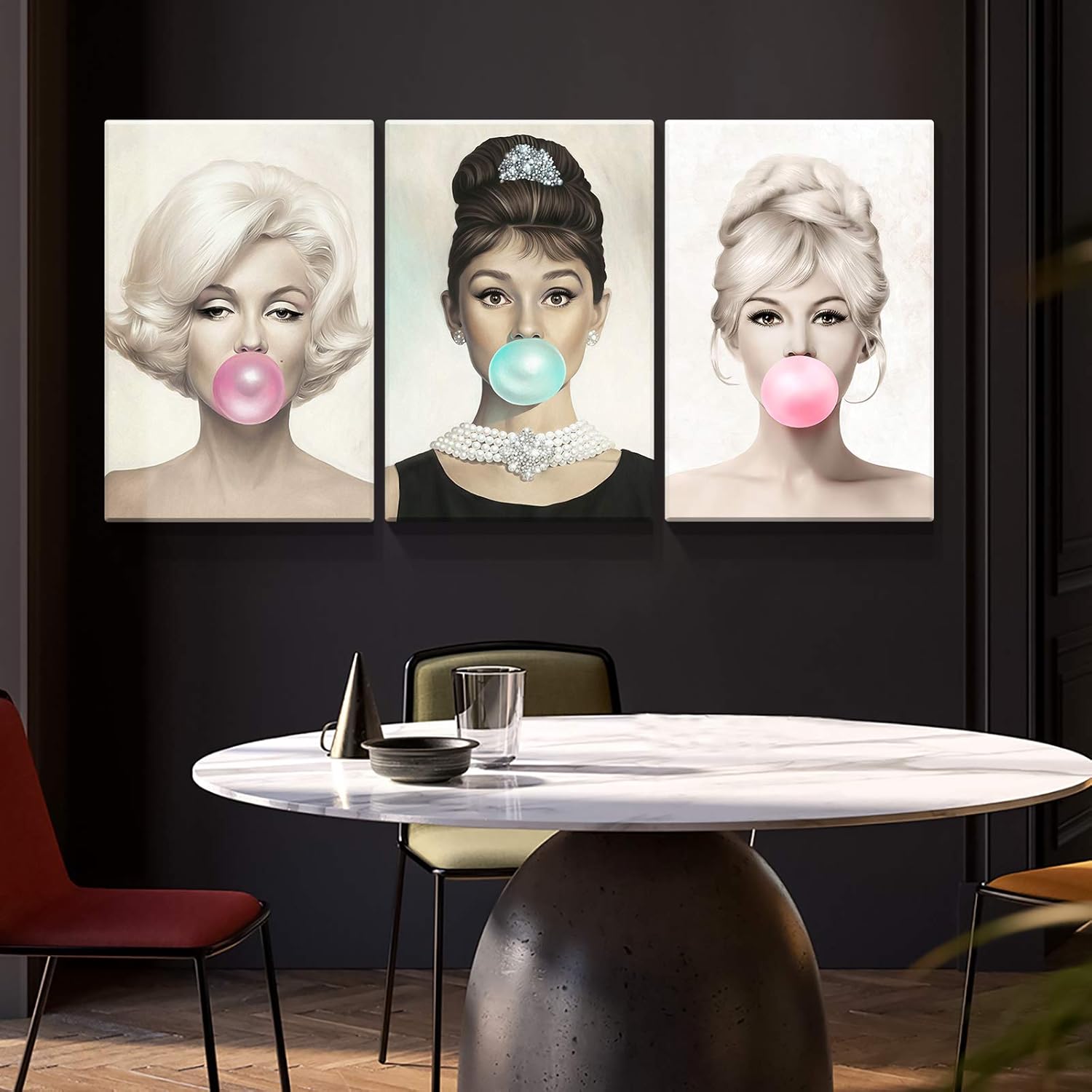 Denozer Arte de pared en lienzo con retrato de belleza de 3 paneles, Marilyn Monroe, Audrey Hepburn y Brigitte Bardot con coloridos chicles de