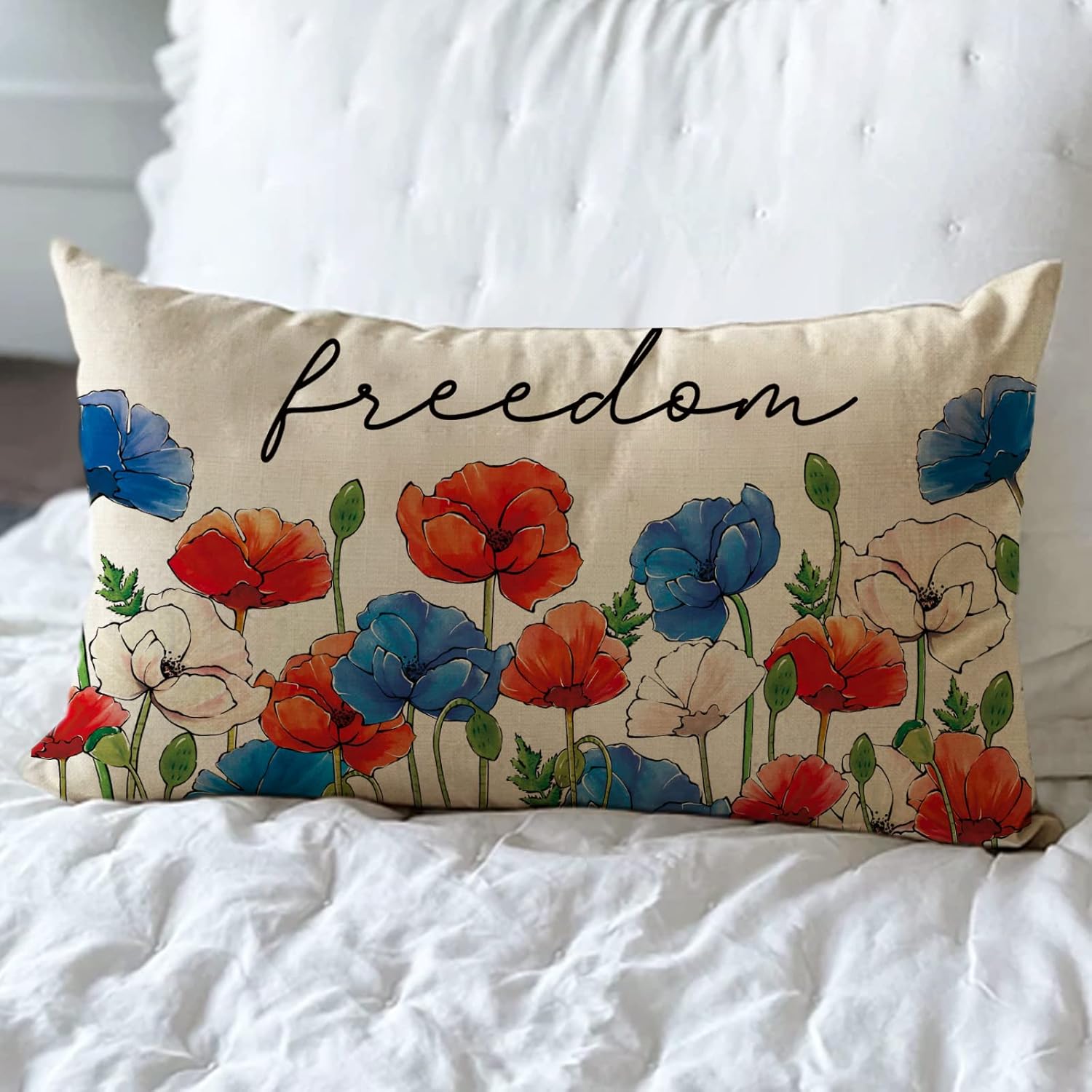 Fjfz 4th of July Freedom – Funda de almohada decorativa lumbar con flores patrióticas de 12 x 20 pulgadas, rectangular, diseño floral de anémona de