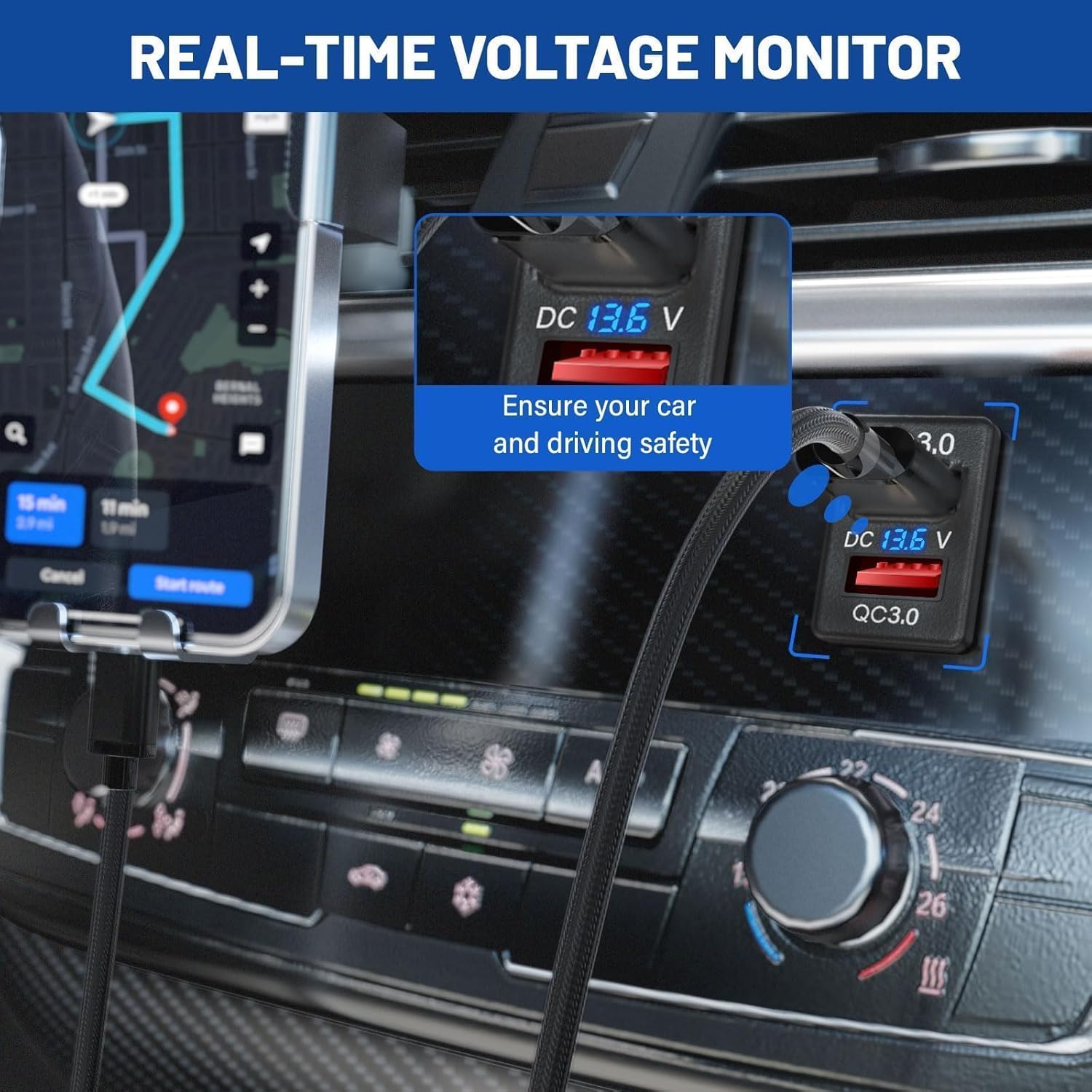 Anina Puerto de cargador USB dual para Toyota, adaptador de enchufe de cargador rápido de 12V24V 18W con voltímetro digital, luz LED azul, QC USB
