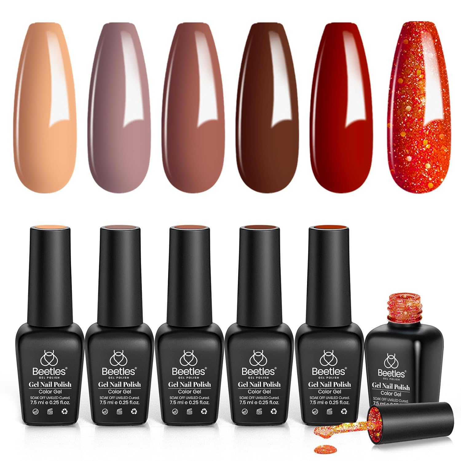 Beetles – Kit de 6 esmaltes de uñas de gel, colección Caramel, esmalte de gel de primavera, color borgoña, rojo y marrón, gel de uñas semipermanete,