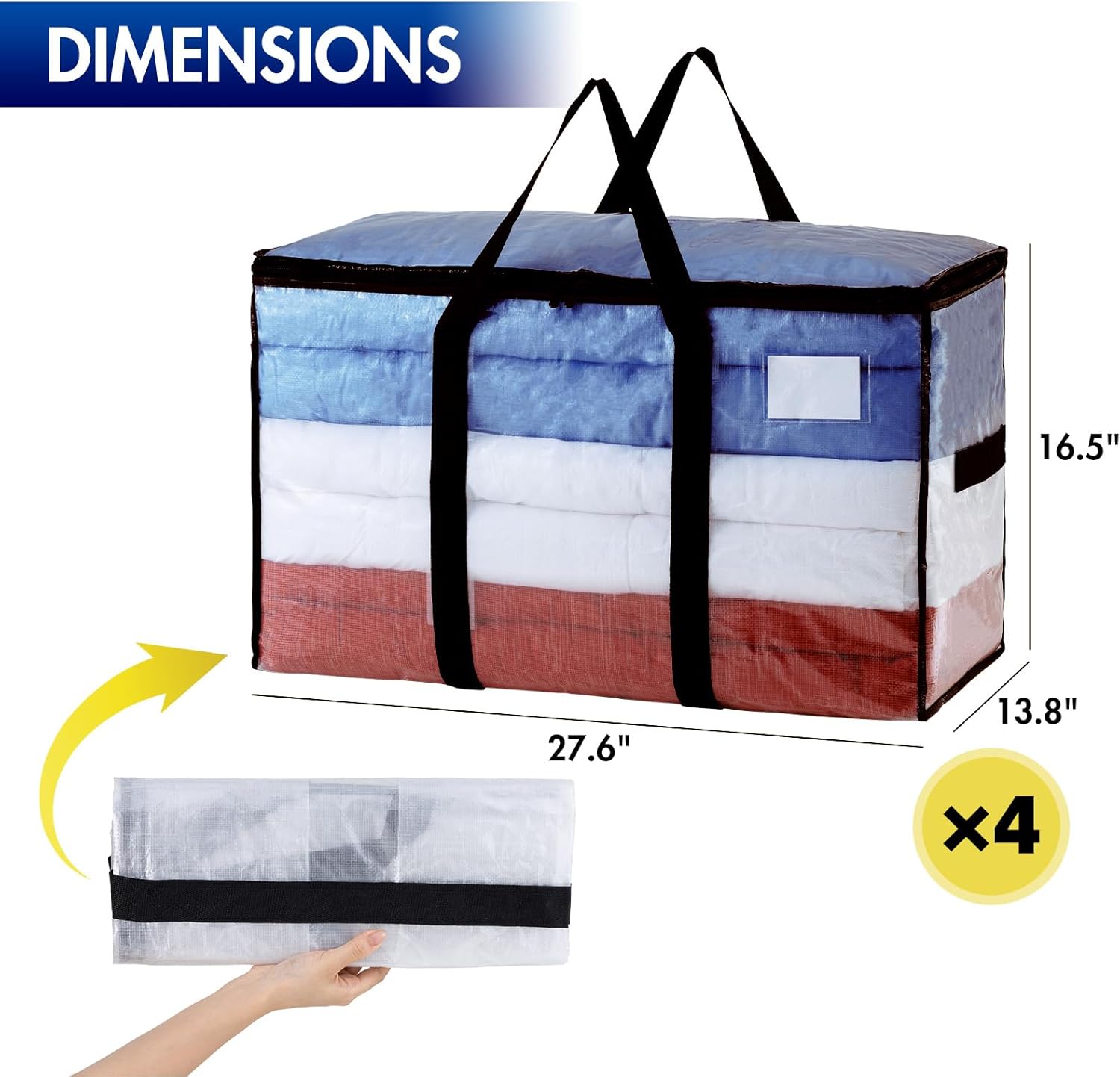TAILI Bolsas de mudanza extra grandes, paquete de 4 bolsas transparentes resistentes para almacenamiento, asas envolventes, bolsas de almacenamiento